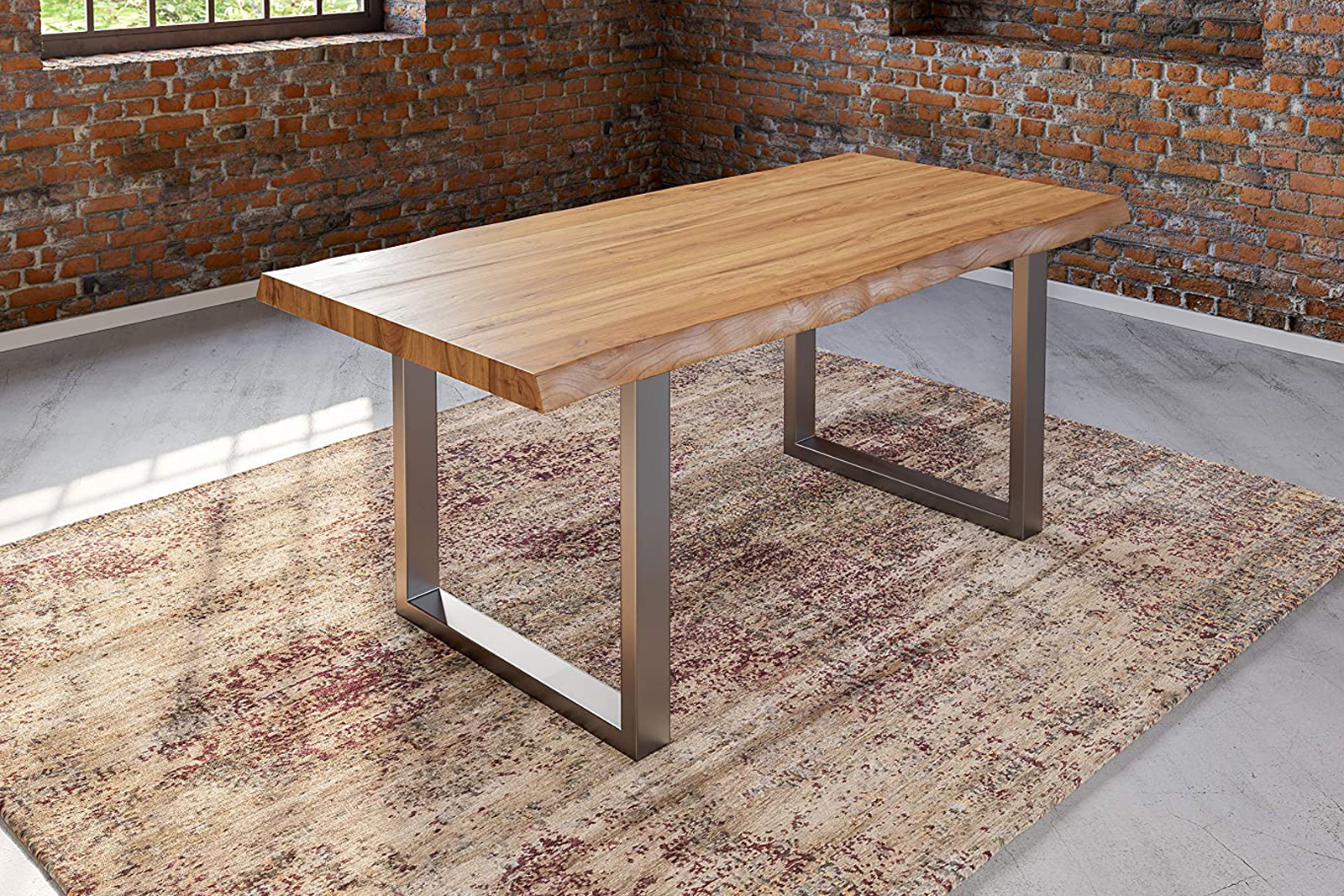 Esstisch Baumkante Massiv Akazie naturfarben 260x100 U-Gestell Silber UTRECHT