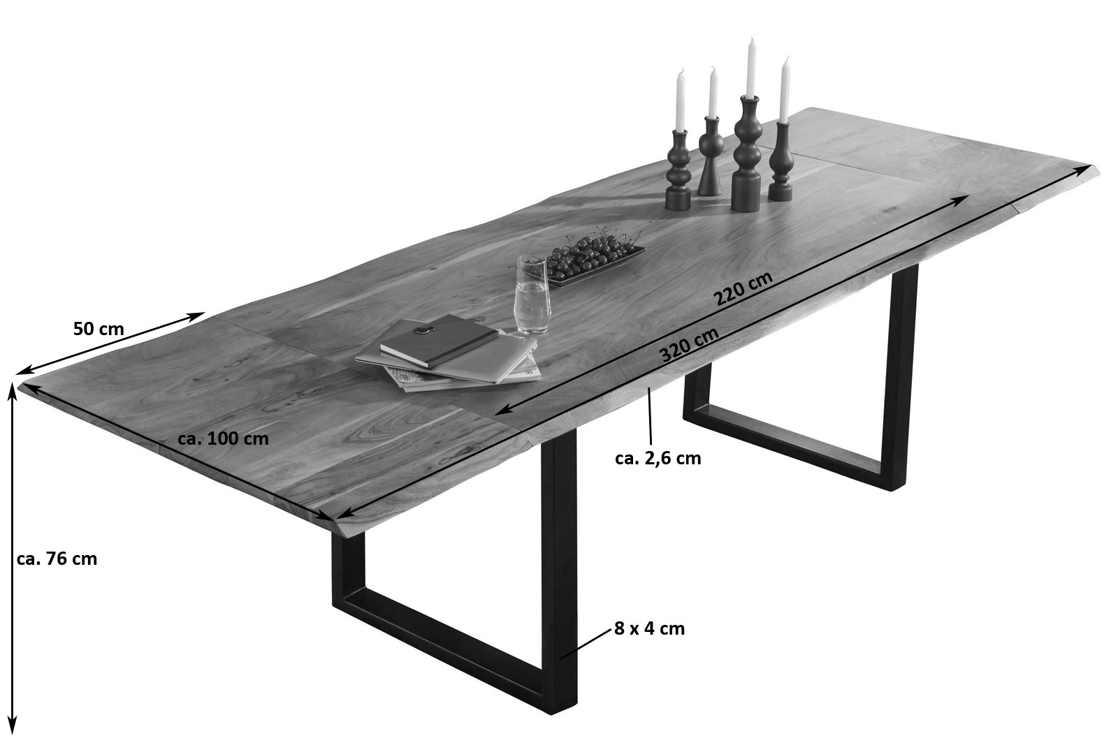 Esstisch Baumkante Akazie natur 220(320)x100 Ansteckplatten schwarz ADINA Esstisch Baumkante Akazie natur 220(320)x100 Ansteckplatten schwarz ADINA