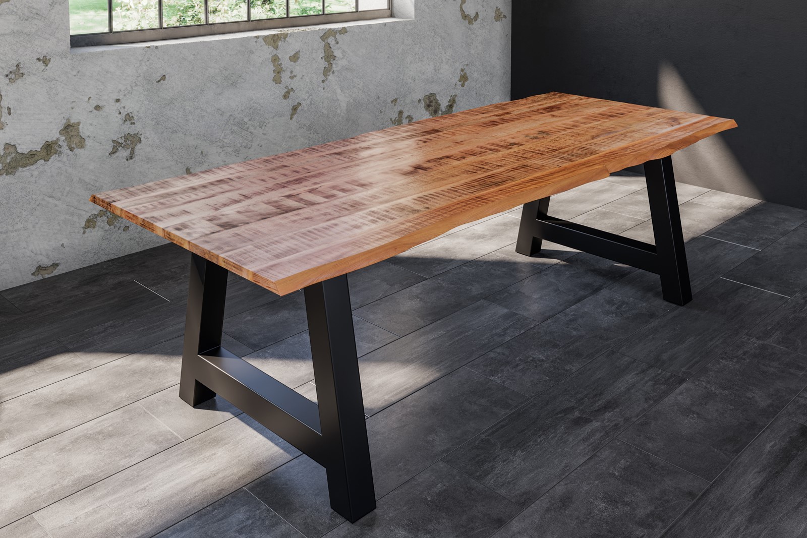Esstisch Baumkante Massiv Mango naturfarben 180 x 90 schwarz A-Gestell DORA