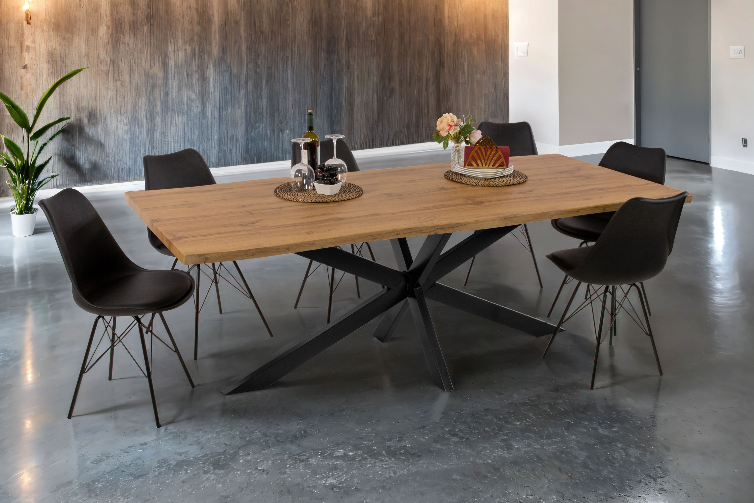 Esstisch Baumkante Holz-Optik Wildeiche 220 x 100 Spider-Gestell schwarz JOSY