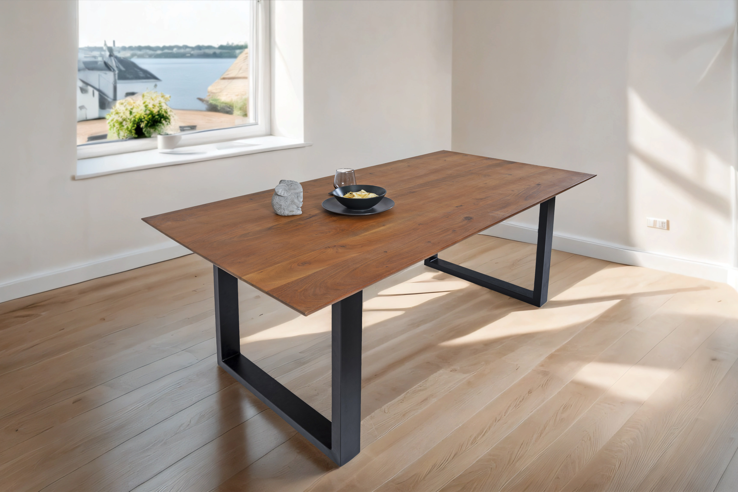 Esstisch 180x90cm Akazie massiv nussbaumfarben schweizer Kante U-Gestell ATLANTA