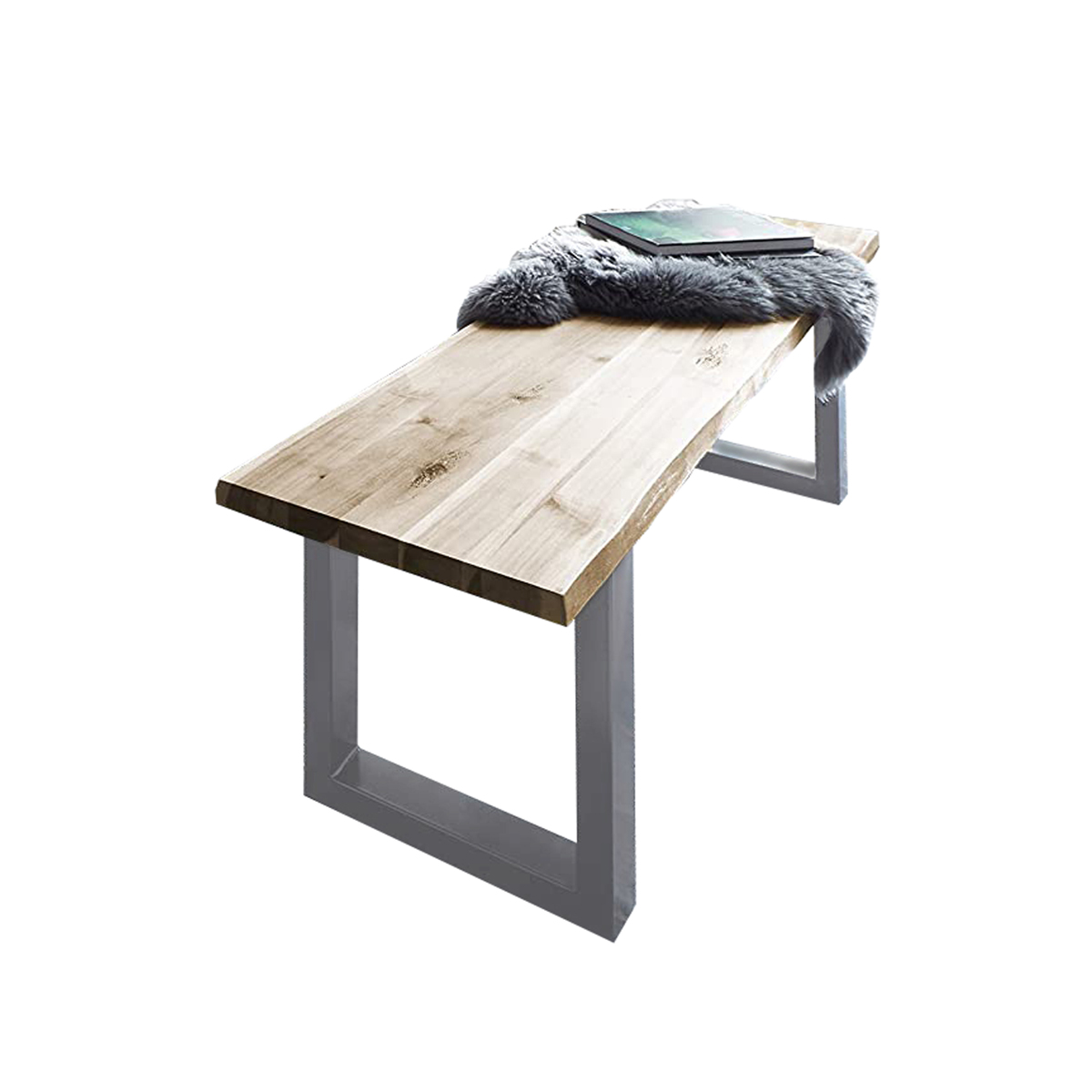 Essgruppe 160 cm Akazie naturfarben U-Gestell silber mit 2 Bänken QUINN