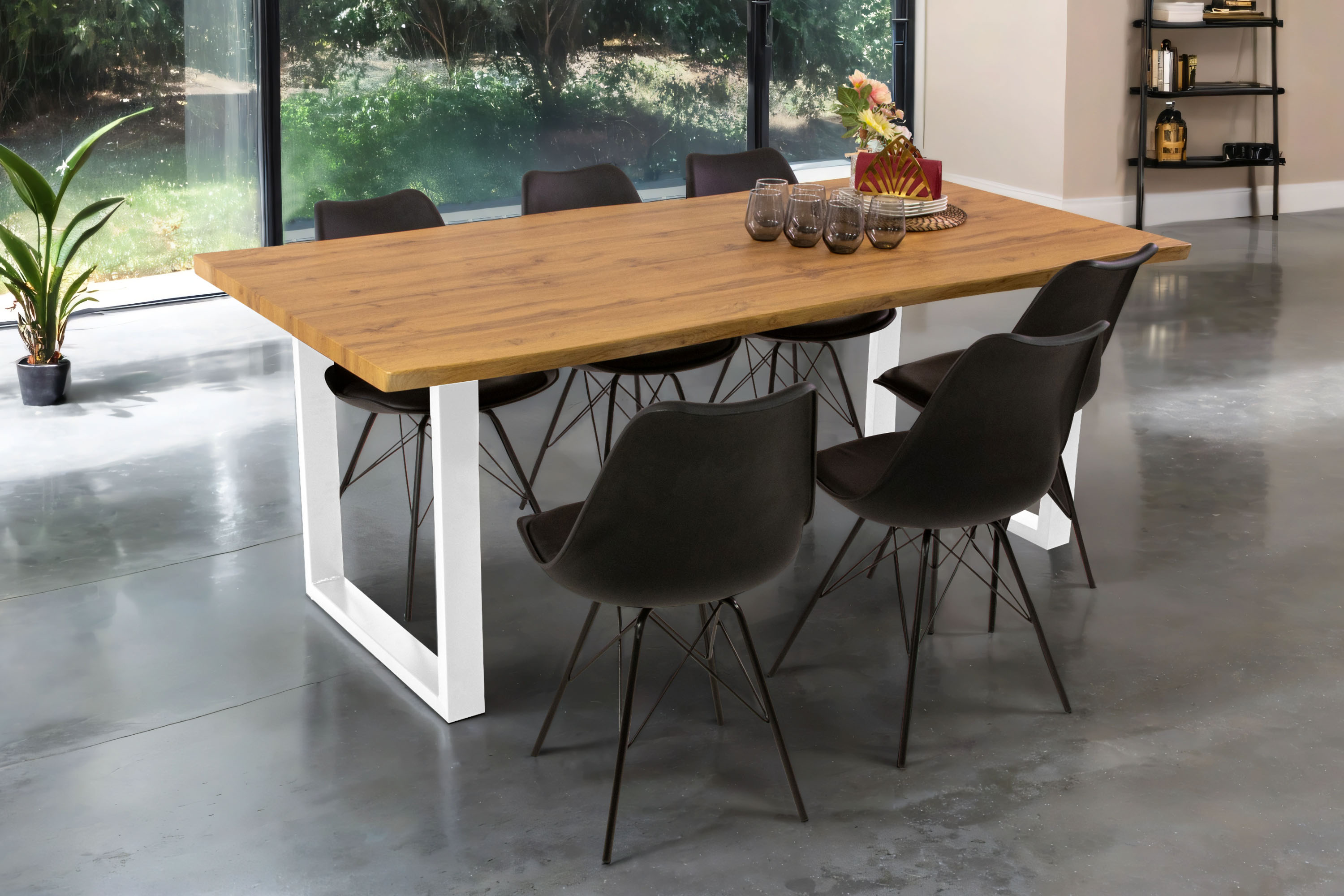 Esstisch Baumkante Holz-Optik Wildeiche 200 x 100 U-Gestell weiß JOSY