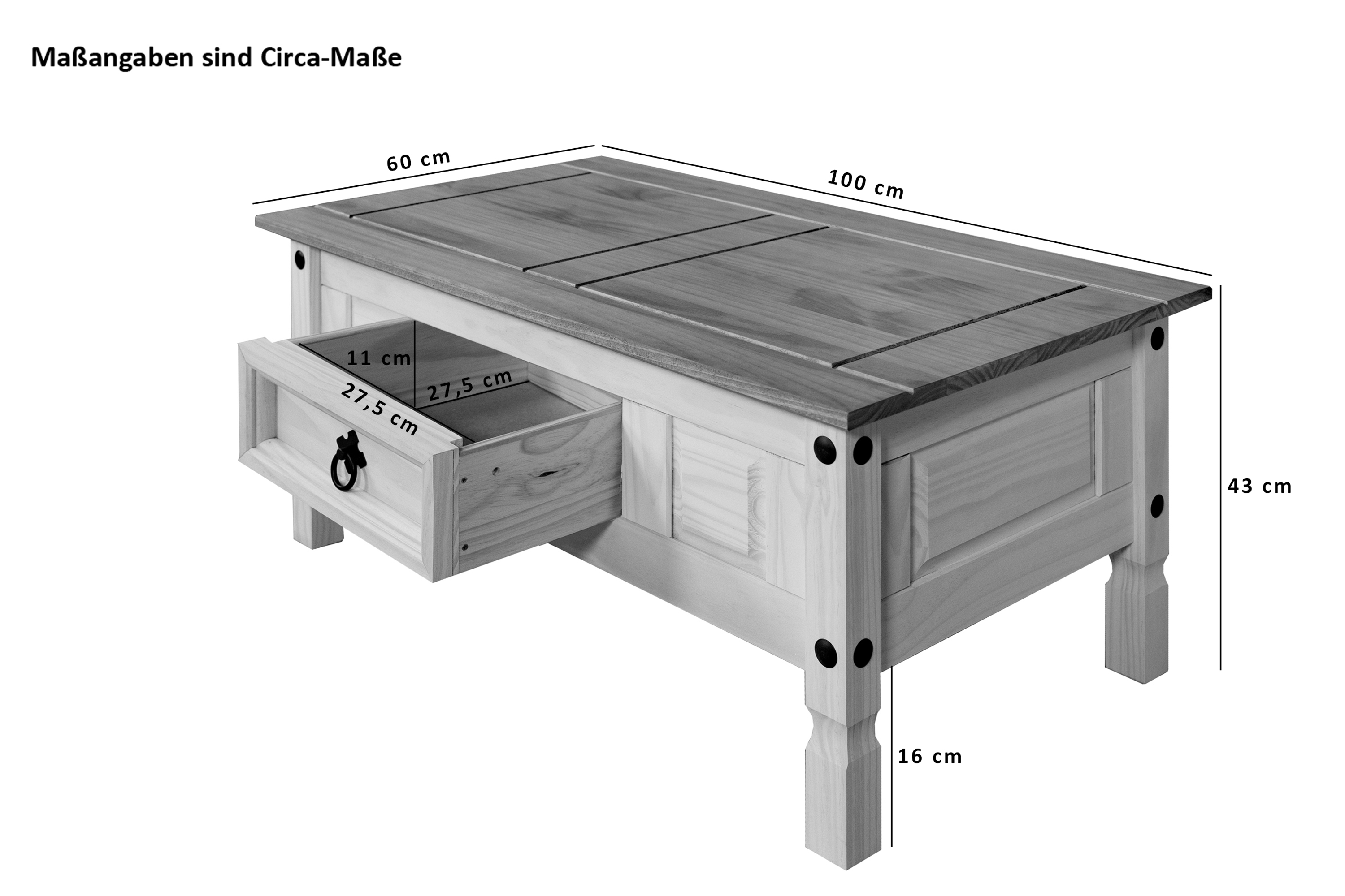 Couchtisch 100 x 60 cm mit Schublade Pinienholz weiß grau lasiert MEXICO