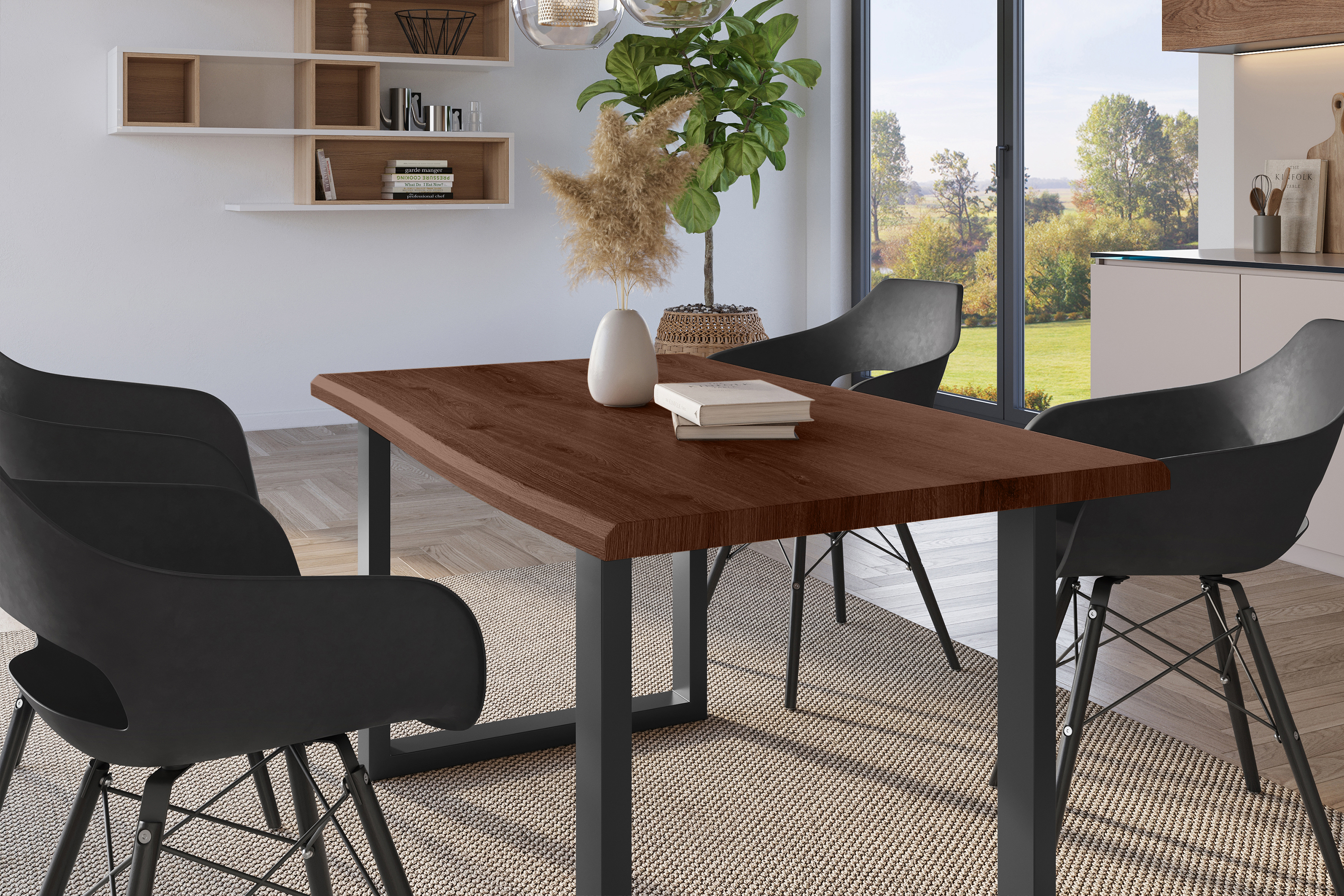 Esstisch Baumkante Holz-Optik Nussbaum 160 x 85 U-Gestell schwarz JULIUS