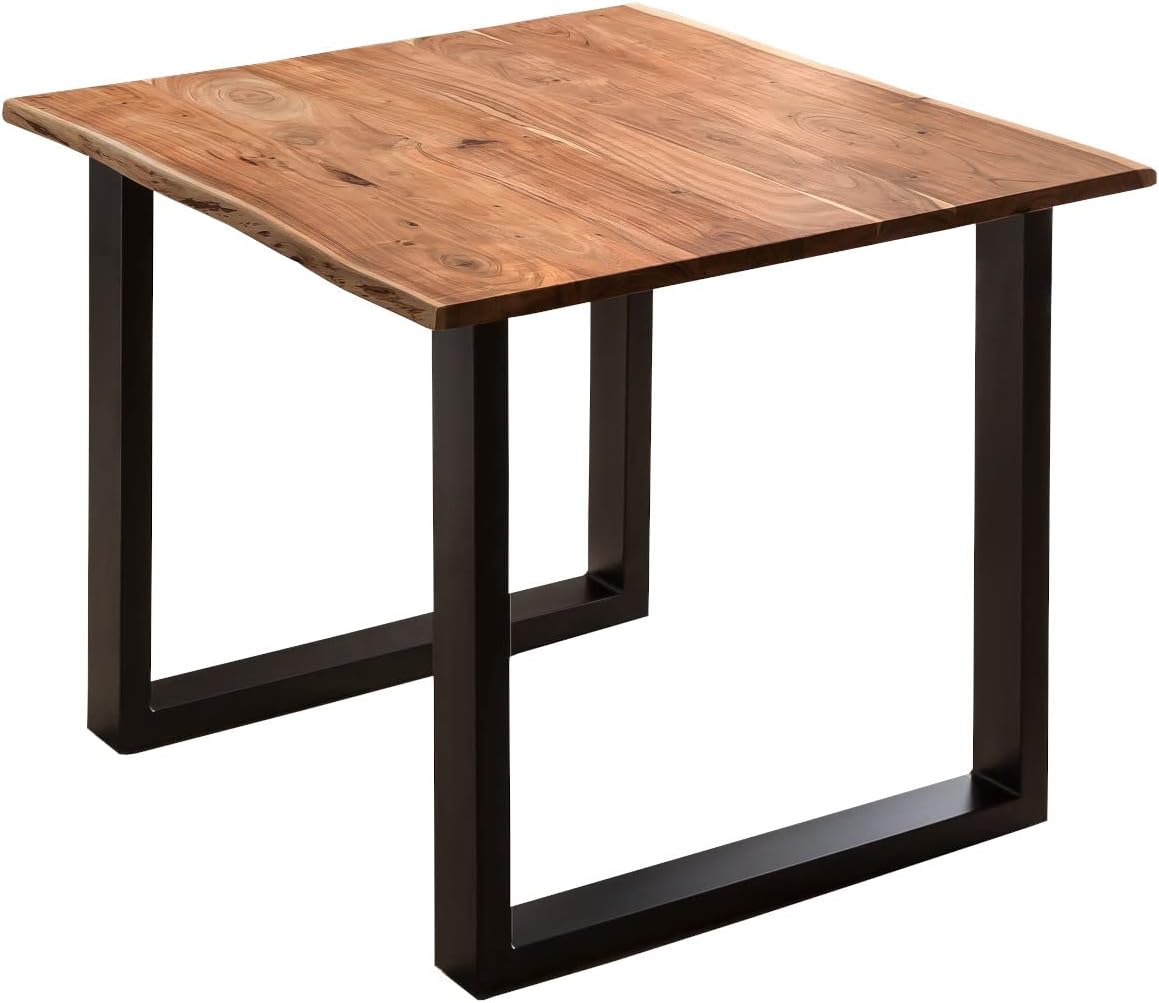 Essgruppe Baumkante massiv 90 x 90 cm Akazie nussbaumfarben U-Gestell schwarz & 2 Stühle grau QUINN