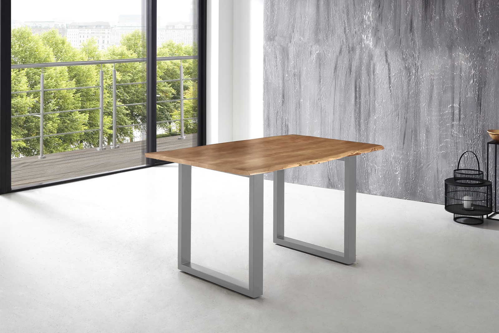 Esstisch Baumkante massiv Akazie natur 180 x 90 silber U-Gestell LUBIN