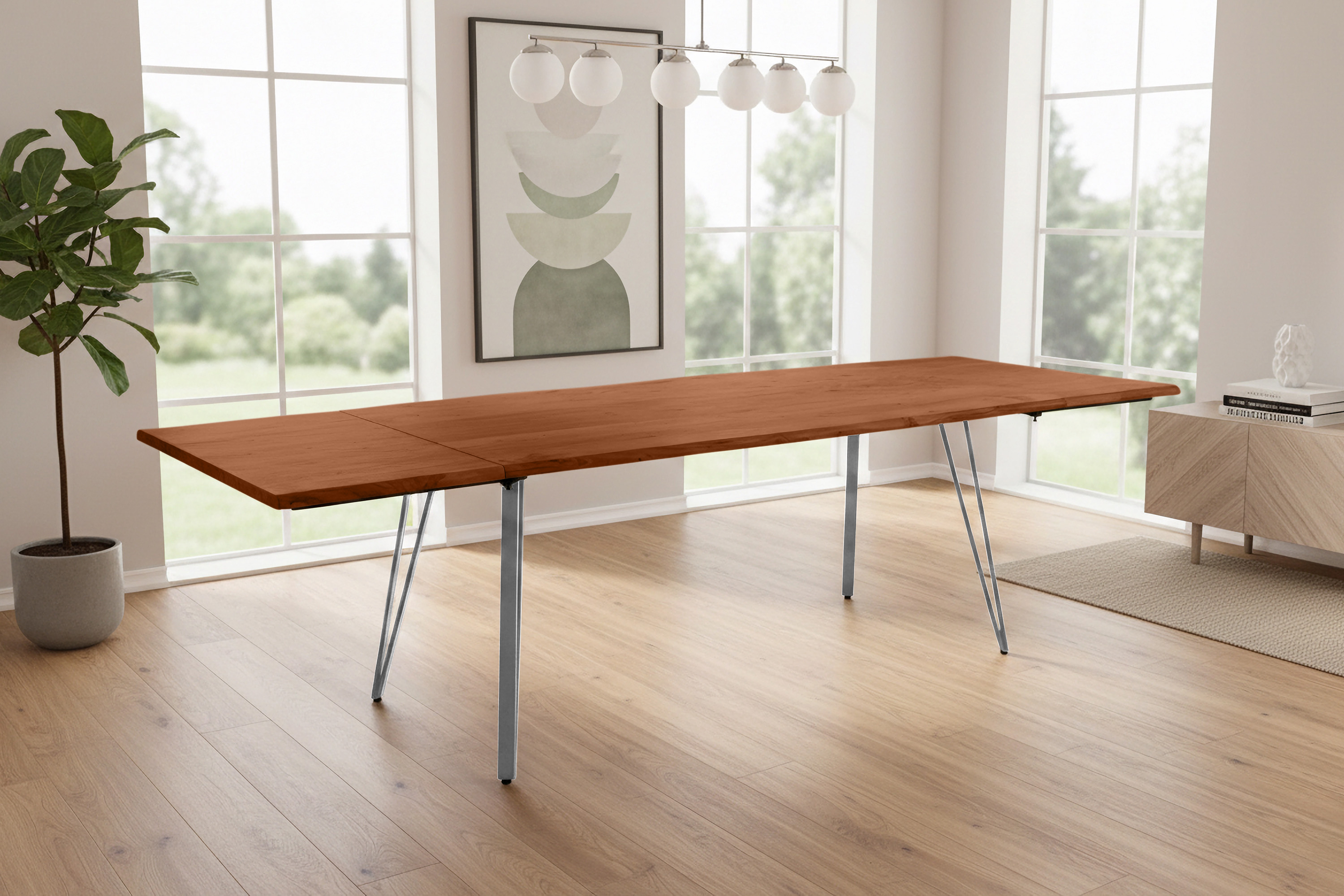 Esstisch Baumkante Akazie nuss 160(260)x90 Ansteckplatten Vierfuß-Gestell silber AVINO