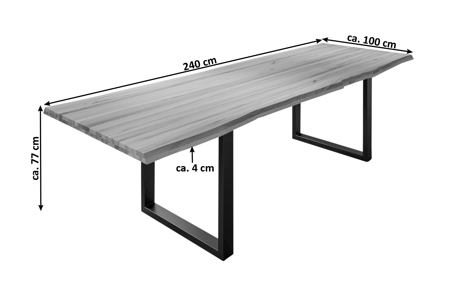  Esstisch Baumkante Massiv Wildbuche 240 x 100 mattschwarz U-Gestell ROMAN