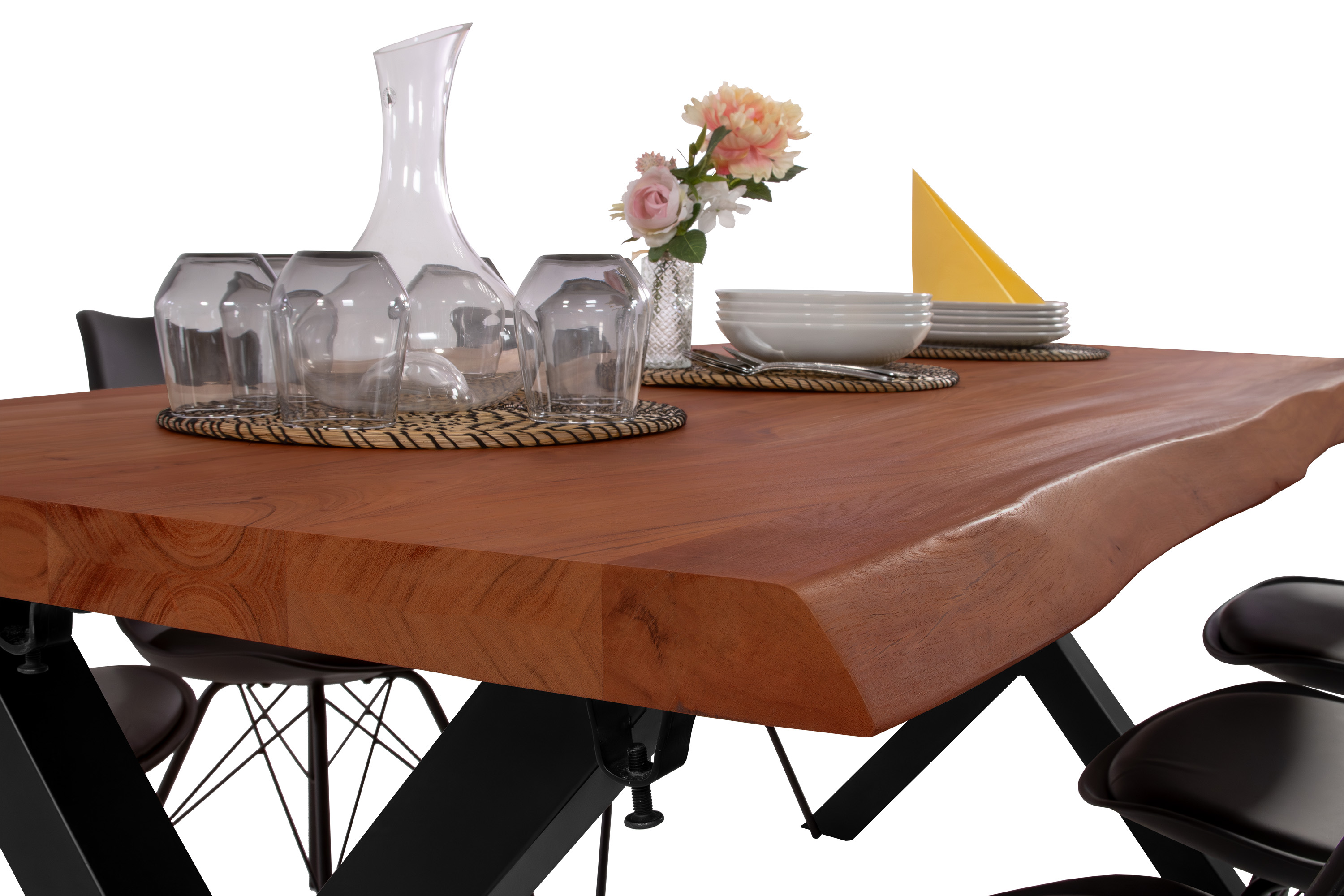 Esstisch Baumkante Akazie nuss 140 (220) x 90 cm X-Gestell schwarz mit Ansteckplatten CALI
