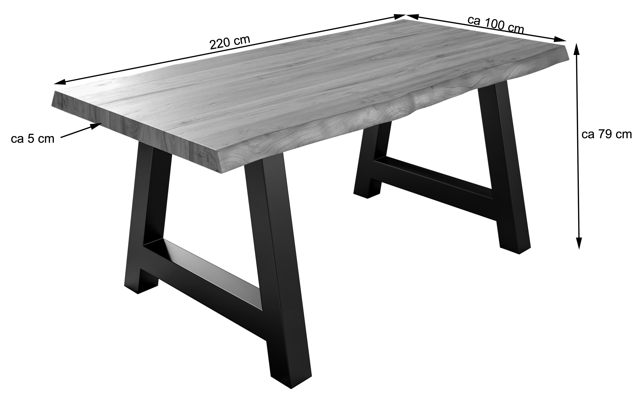Esstisch Baumkante Massiv Akazie nussbaumfarben 220 x 100 A-Gestell schwarz ALICANTE