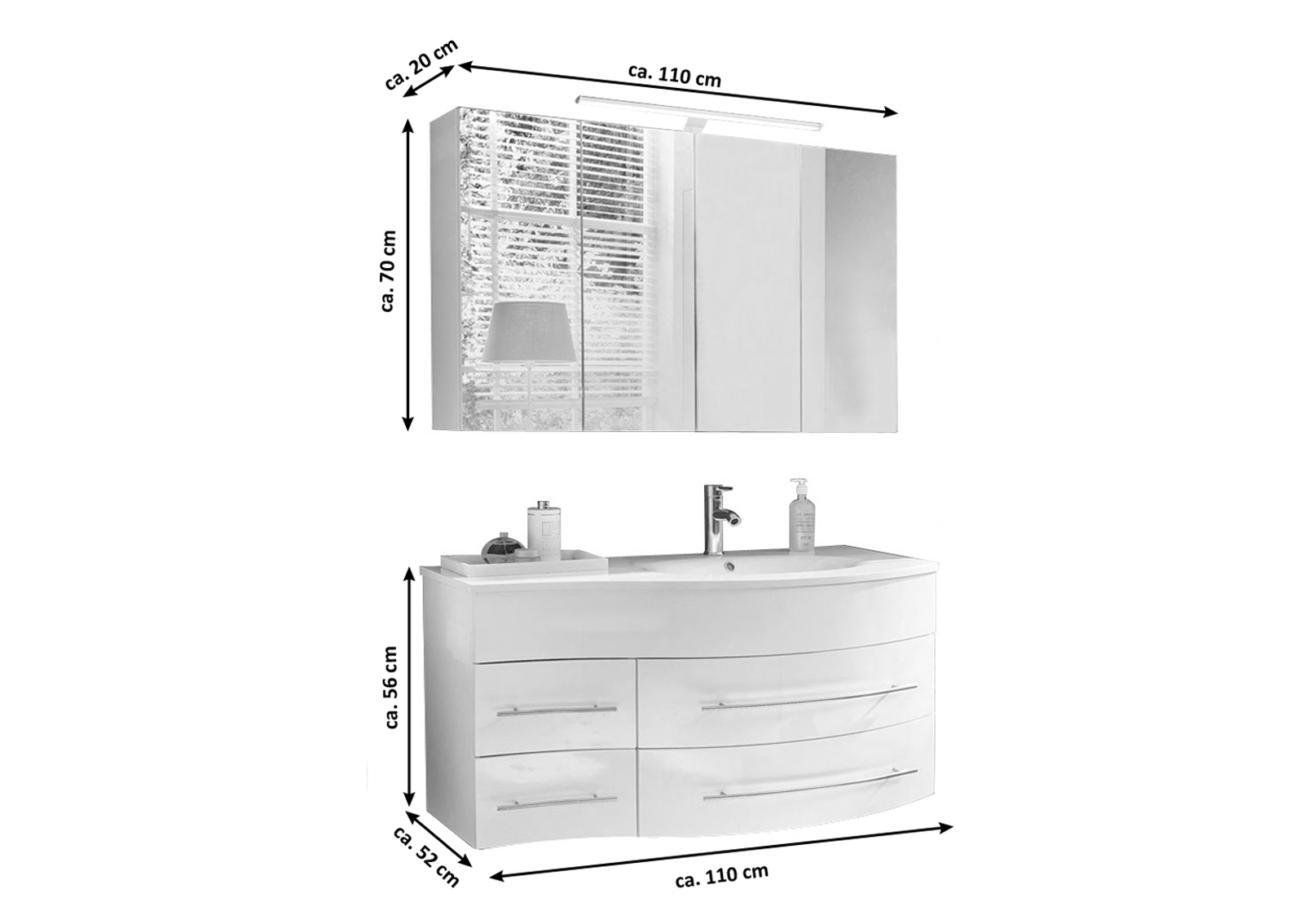 BadmöbelSet 2tlg Becken 110 cm weiß Hochglanz Dublin rechts