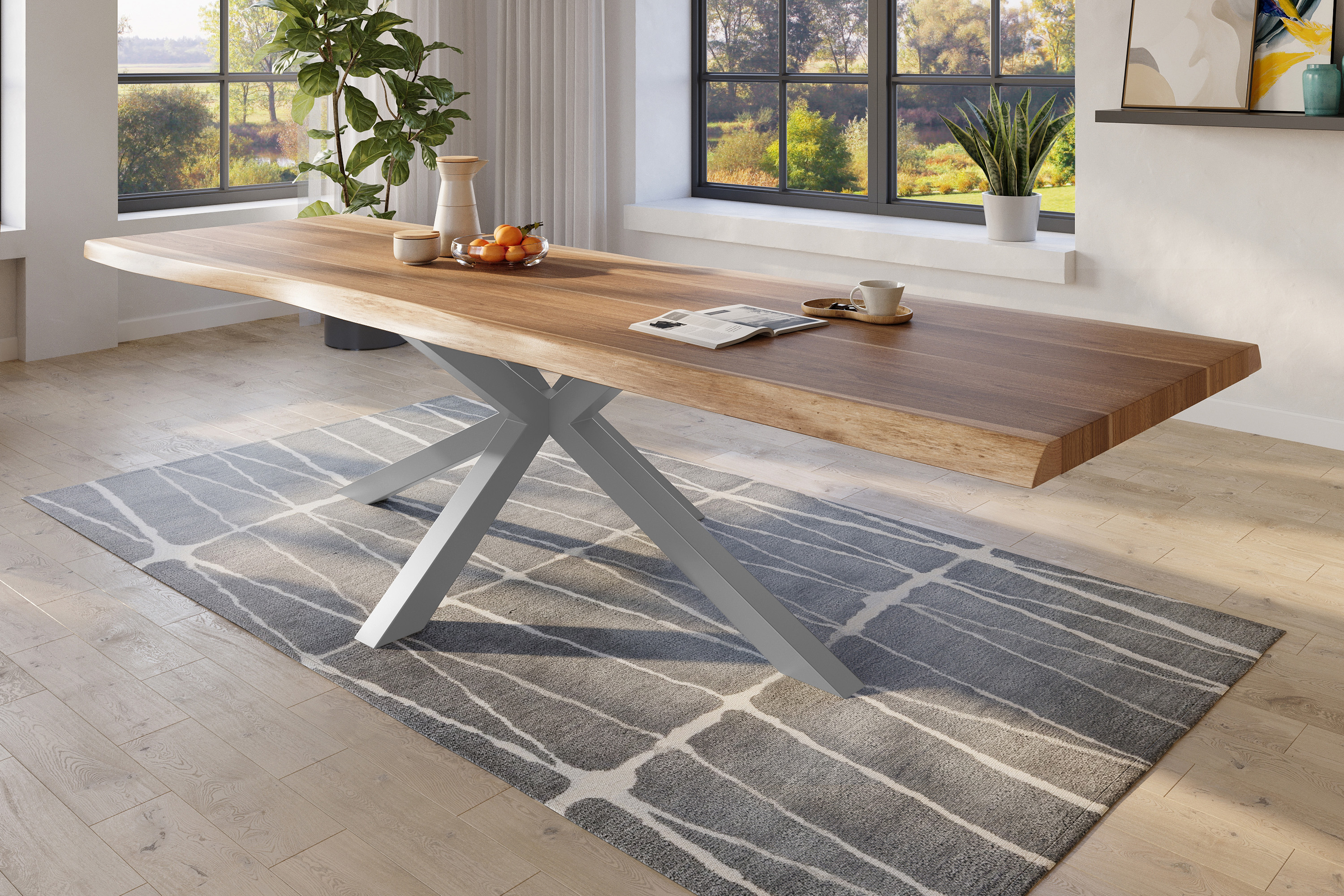 Esstisch Baumkante massiv Akazie natur 300 x 110 Spider-Gestell Metall silber TITAN