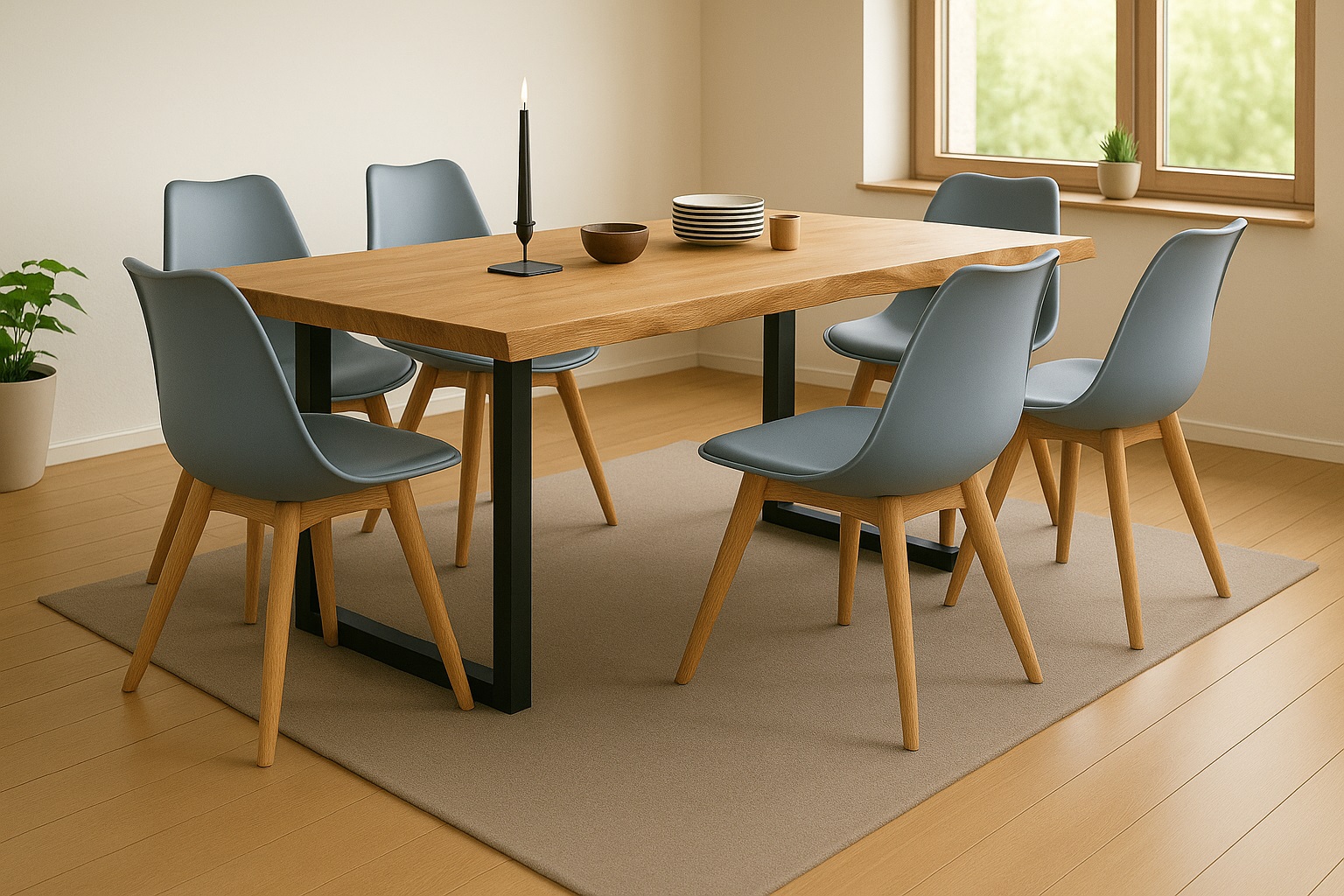 Essgruppe Baumkante massiv 180 x 90 cm Wildeiche U-Gestell schwarz & 6 Stühle grau SEATTLE