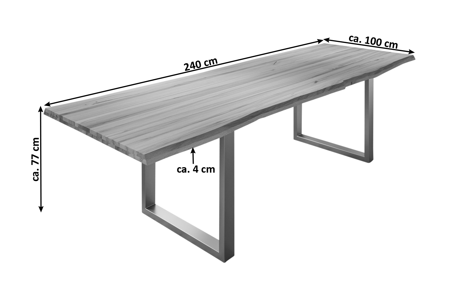  Esstisch Baumkante Massiv Wildbuche 240 x 100 silber U-Gestell ROMAN