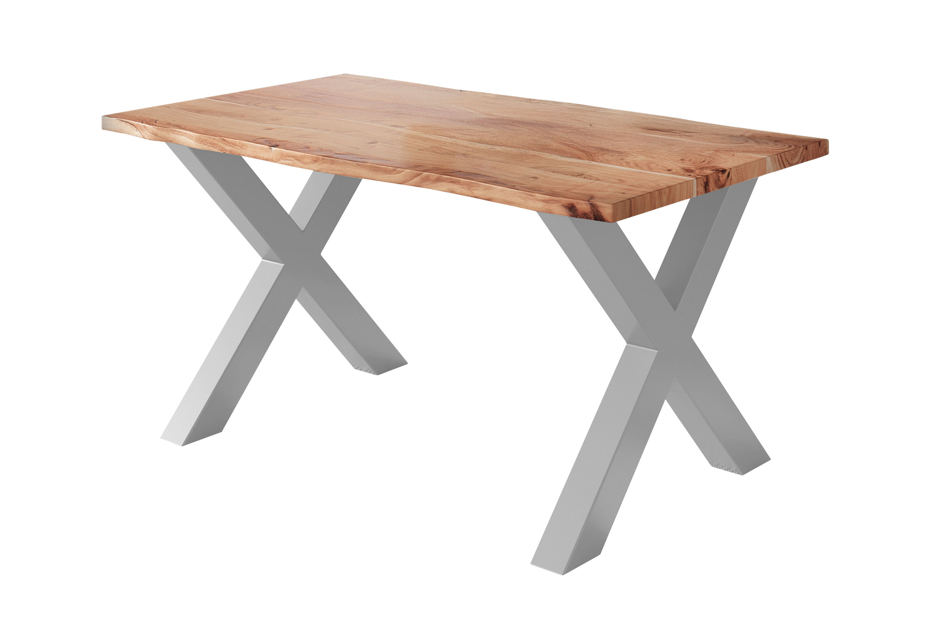 Esstisch Baumkante massiv Akazie natur 160 x 85 silber X-Gestell NICK