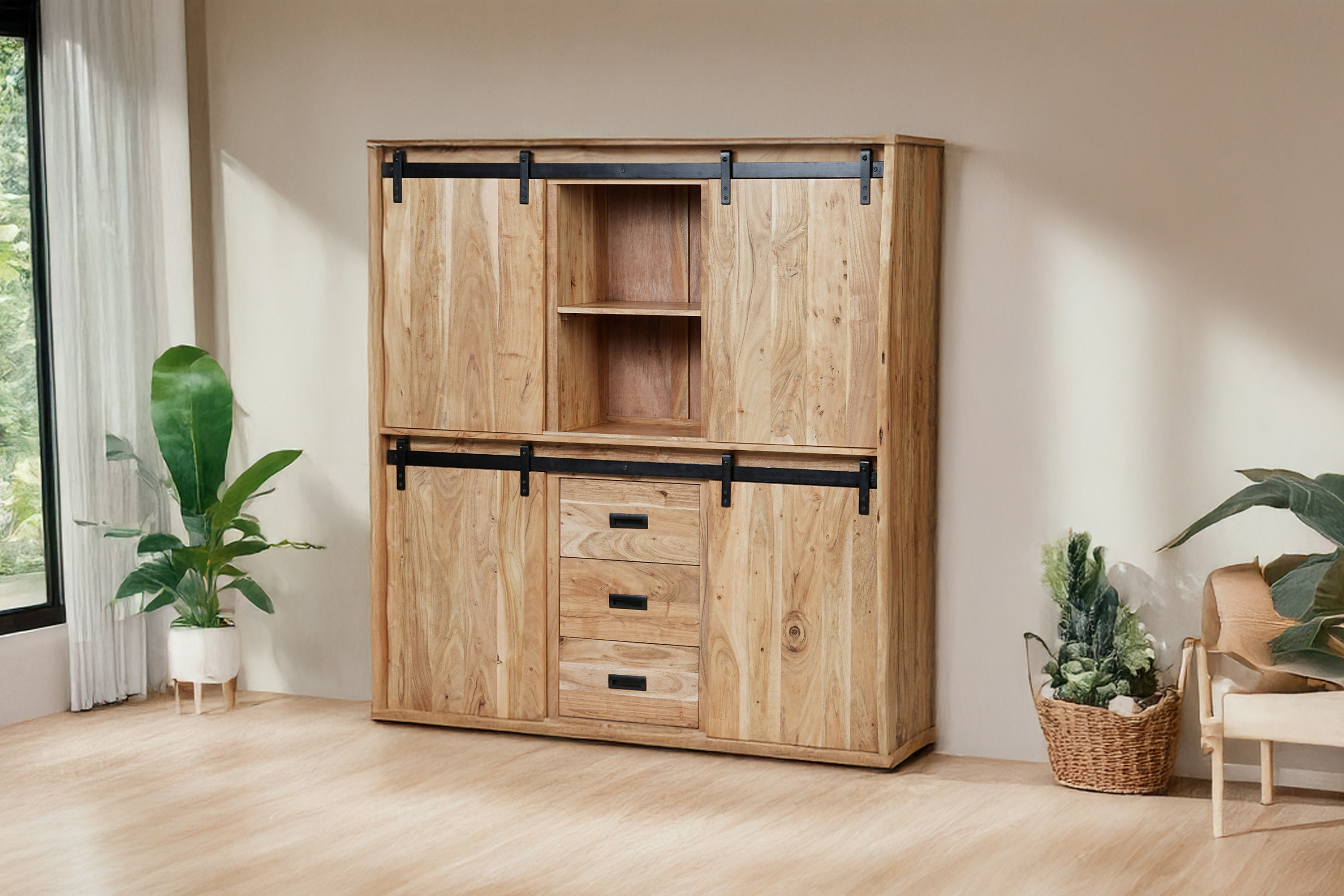 Highboard Baumkante 150 x 160 x 45 cm Akazienholz massiv naturfarben LIAN I