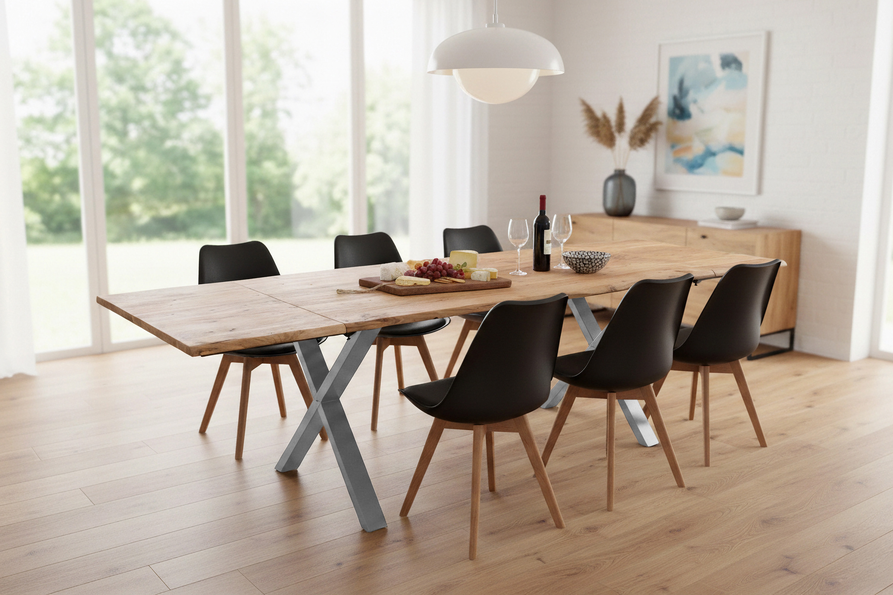 Esstisch Baumkante Akazie natur 180(280)x90 Ansteckplatten X-Gestell silber AVINO