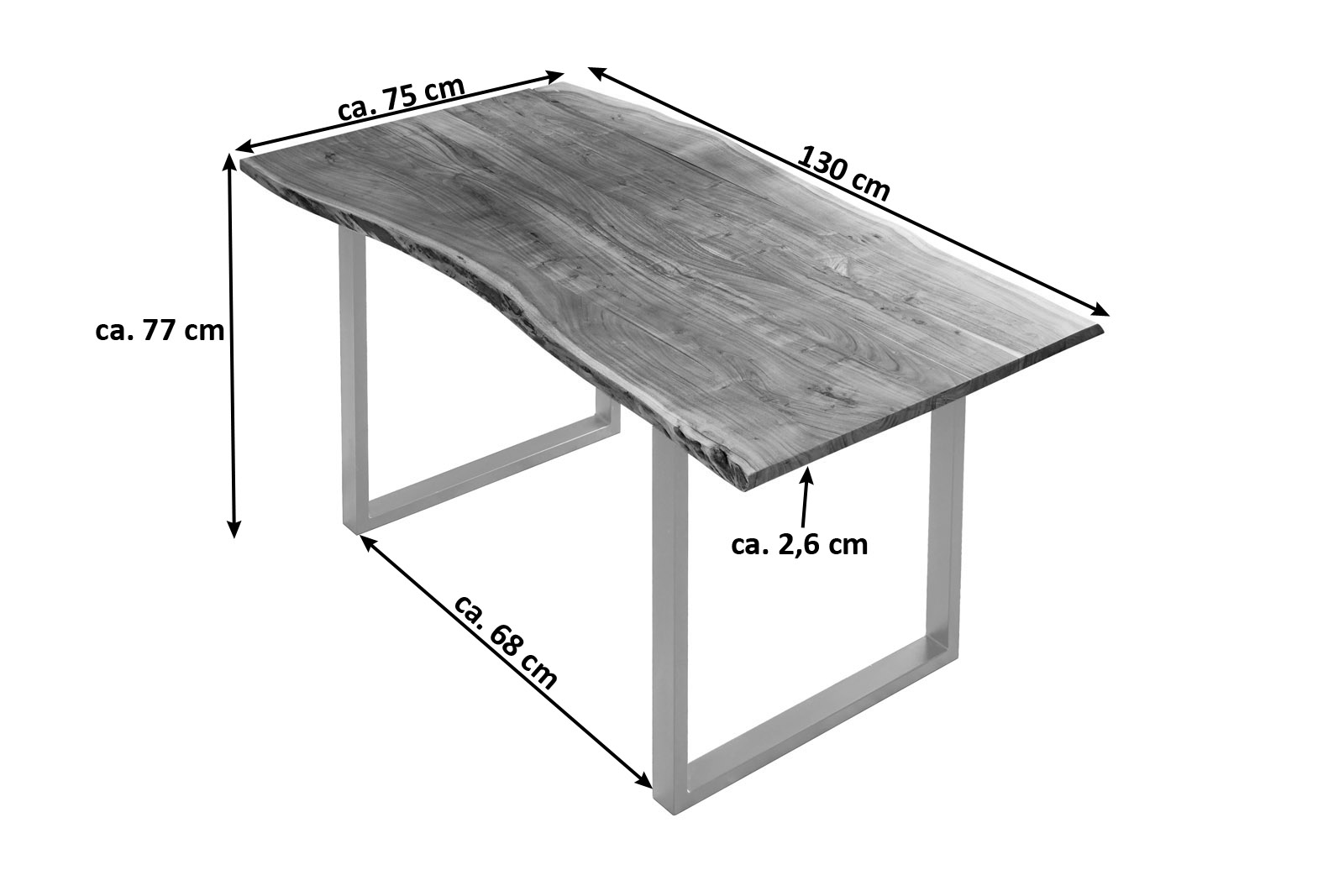 Esstisch Baumkante massiv Akazie naturfarben 130 x 75 cm silber U-Gestell BILLY