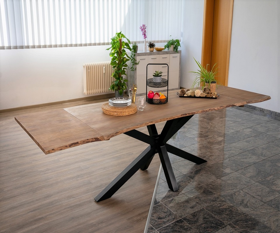 Baumkantentisch Akazie stonefarben 200(300)x100 cm Ansteckplatten Spider-Gestell schwarz JANNIK Baumkantentisch Akazie stonefarben 200(300)x100 cm Ansteckplatten Spider-Gestell schwarz JANNIK
