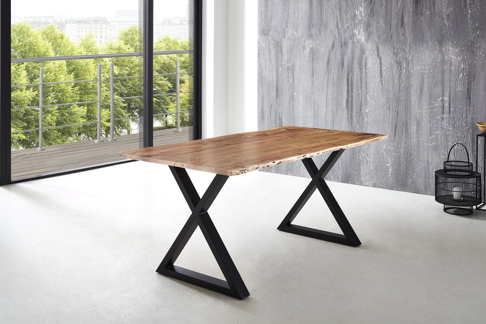 Esstisch Baumkante massiv Akazie natur 200 x 100 schwarz X-Gestell LUBIN