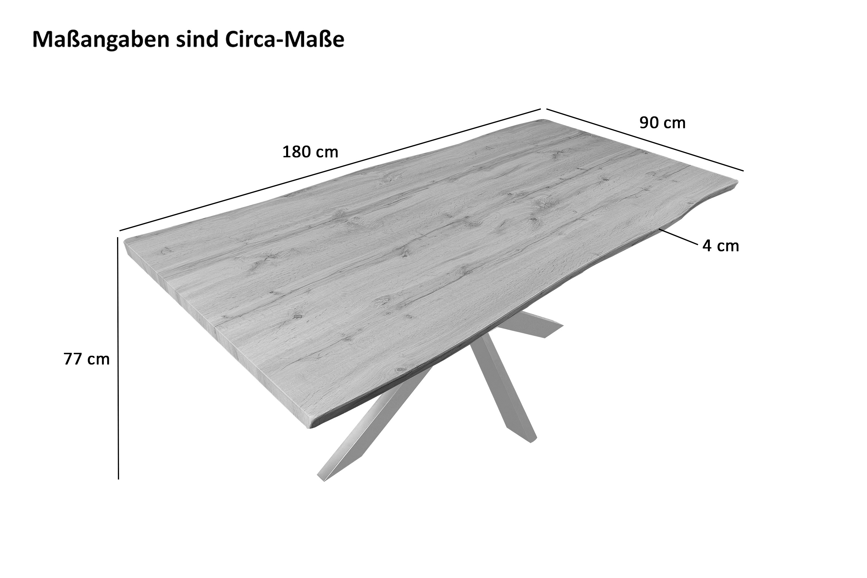 Esstisch Baumkante Holz-Optik Wildeiche 180 x 90 Spider-Gestell weiß JOSY