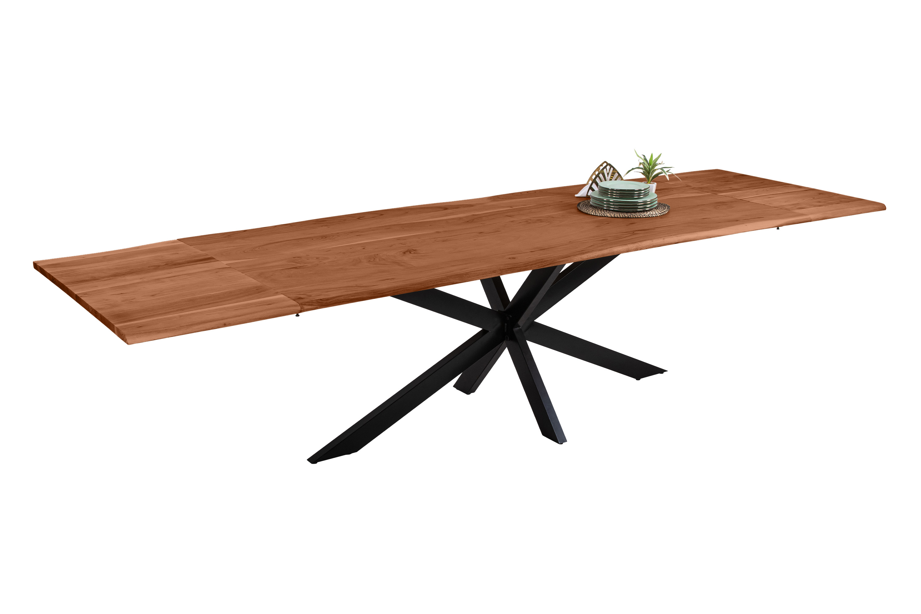 Esstisch Baumkante Akazie nuss 200(300)x100 Ansteckplatten Spider-Gestell schwarz AVINO