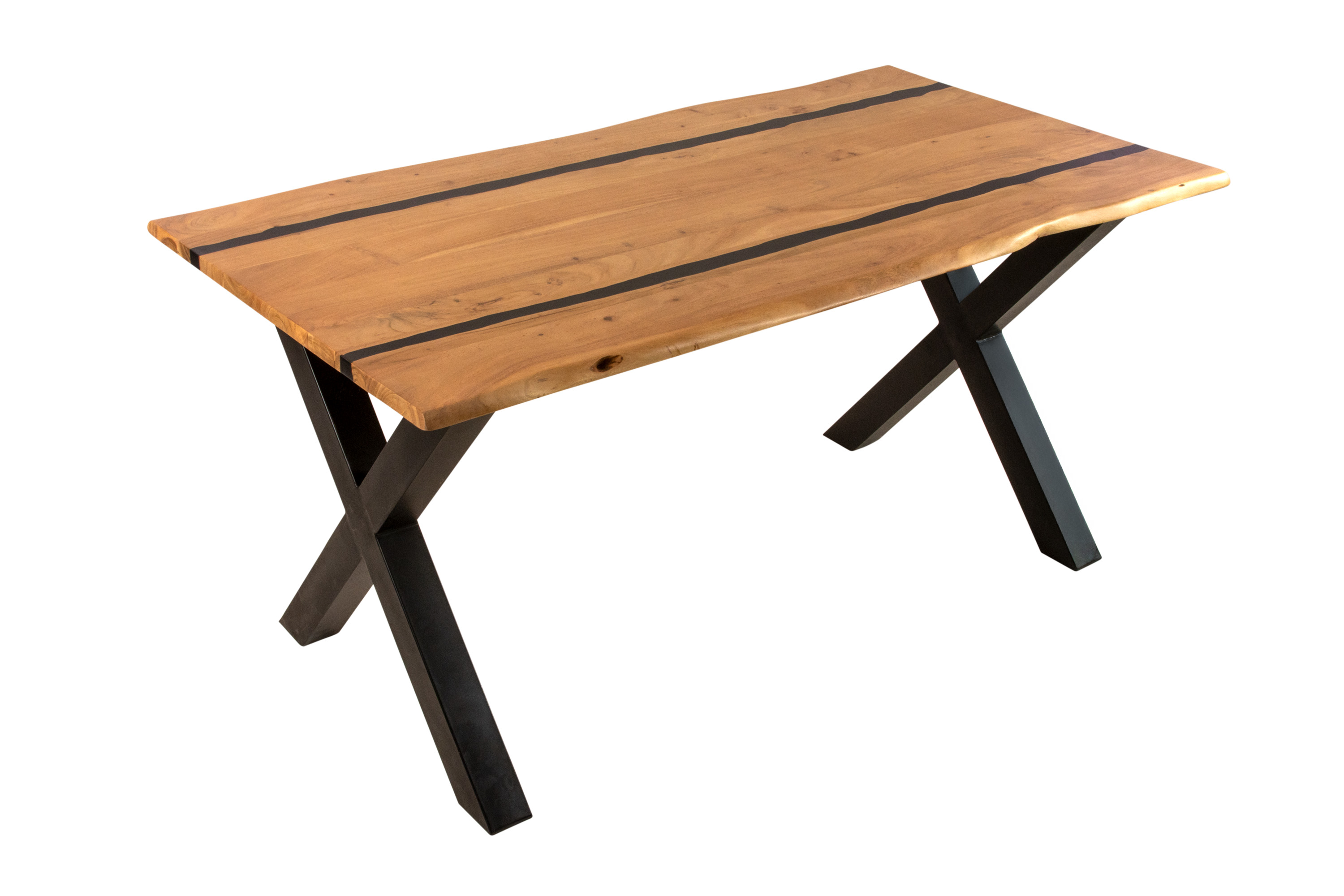 Esstisch 180 x 90 cm Akazie massiv natur mit schwarzen Resin-Adern X-Gestell schwarz PETER