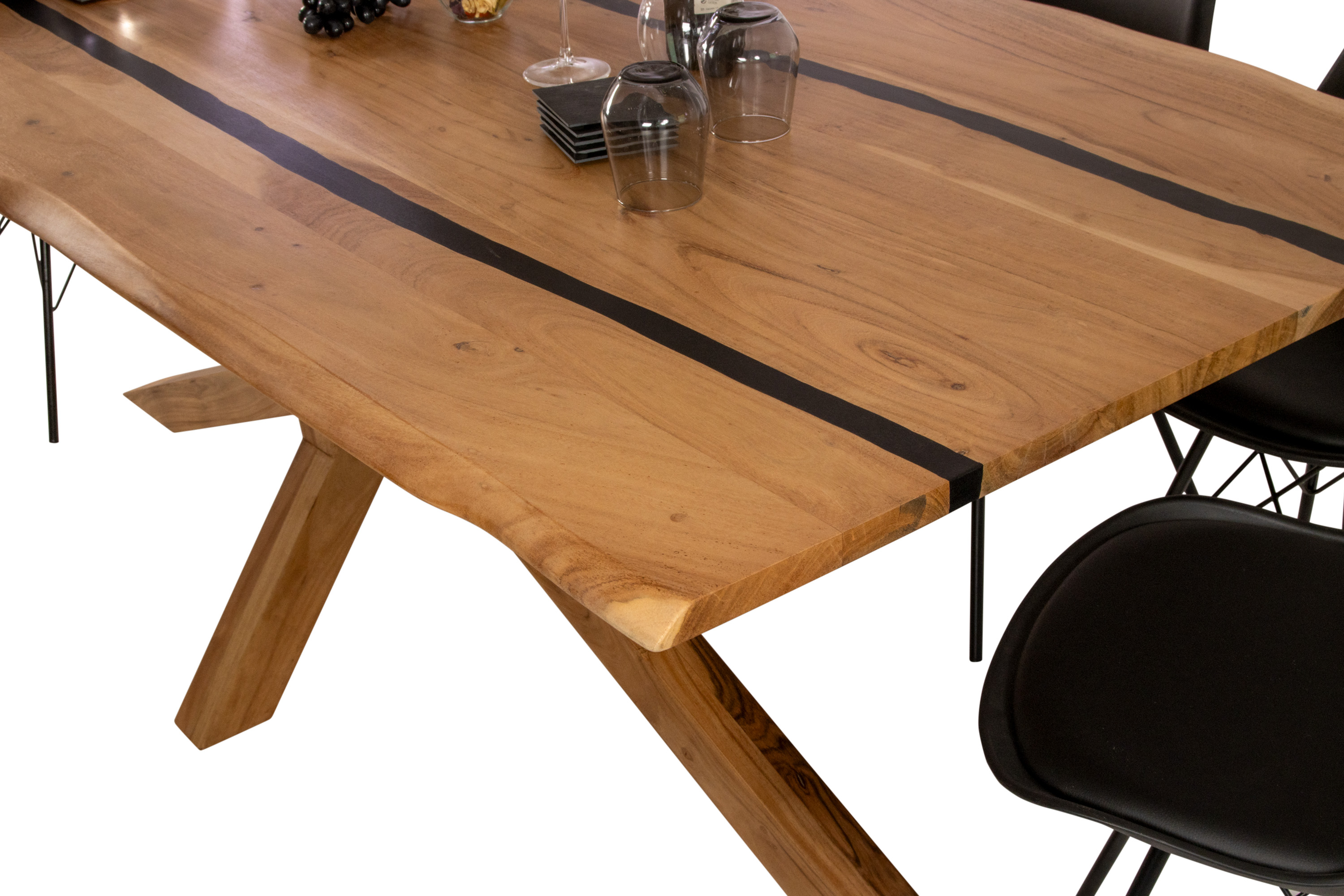 Esstisch 220 x 100 cm Akazie massiv natur mit schwarzen Resin-Adern Spider-Gestell Holz natur PETER
