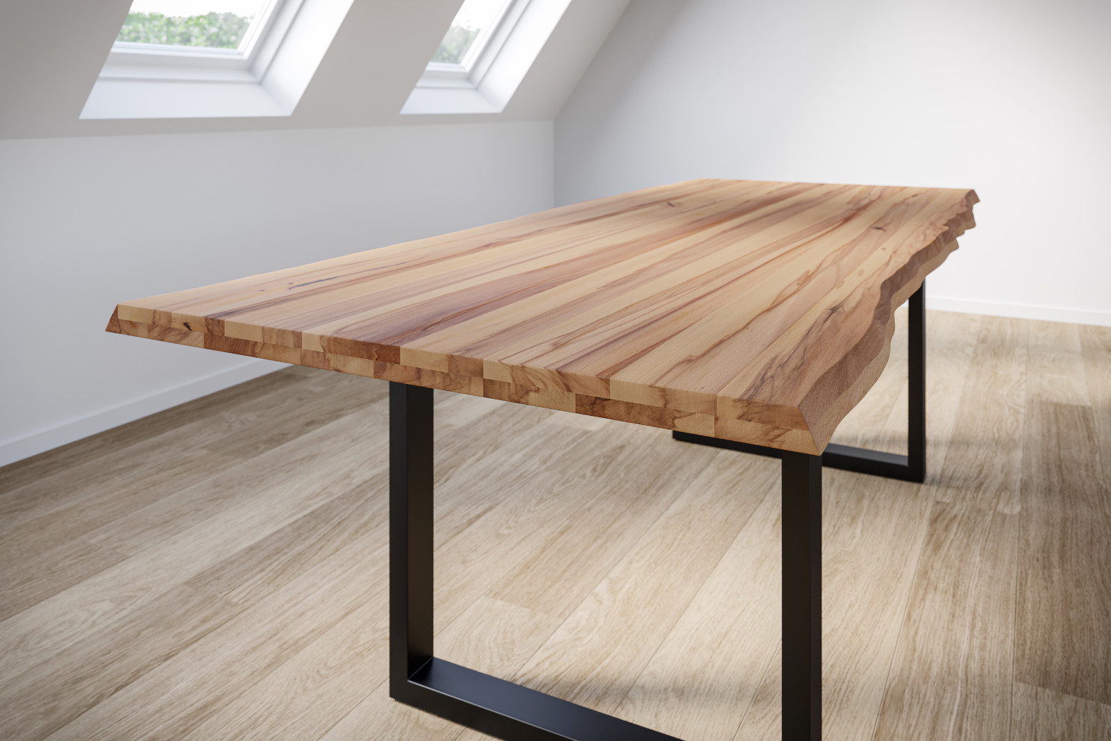  Esstisch Baumkante Massiv Wildbuche 240 x 100 mattschwarz U-Gestell ROMAN