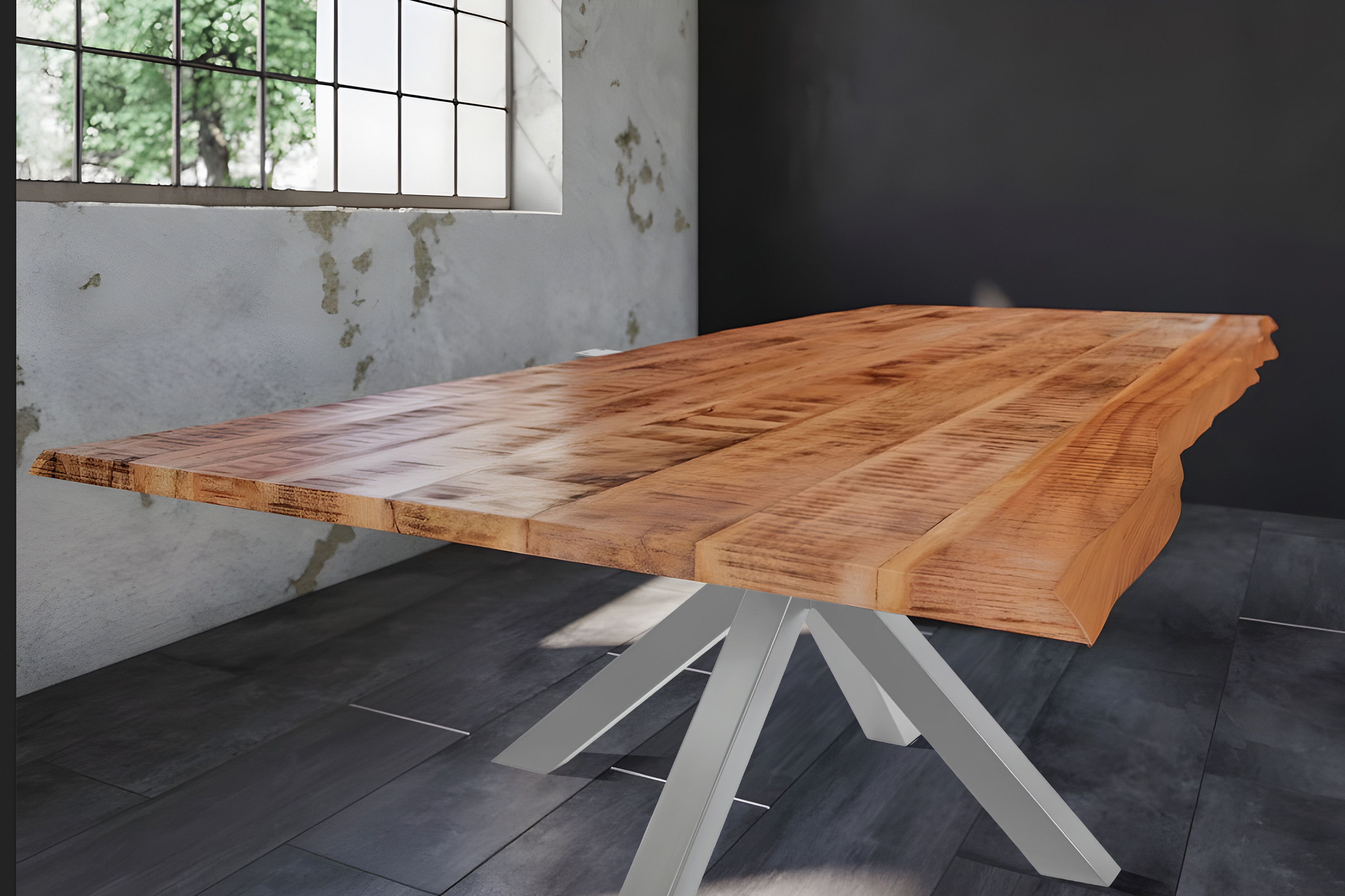 Esstisch Baumkante Massiv Mango naturfarben 280 x 100 silber Spider-Gestell DORA