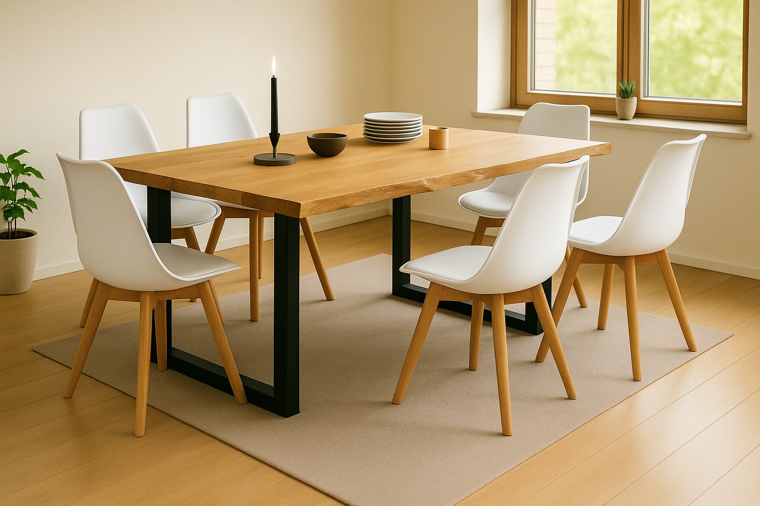 Essgruppe Baumkante massiv 220 x 100 cm Wildeiche U-Gestell schwarz & 6 Stühle weiß SEATTLE