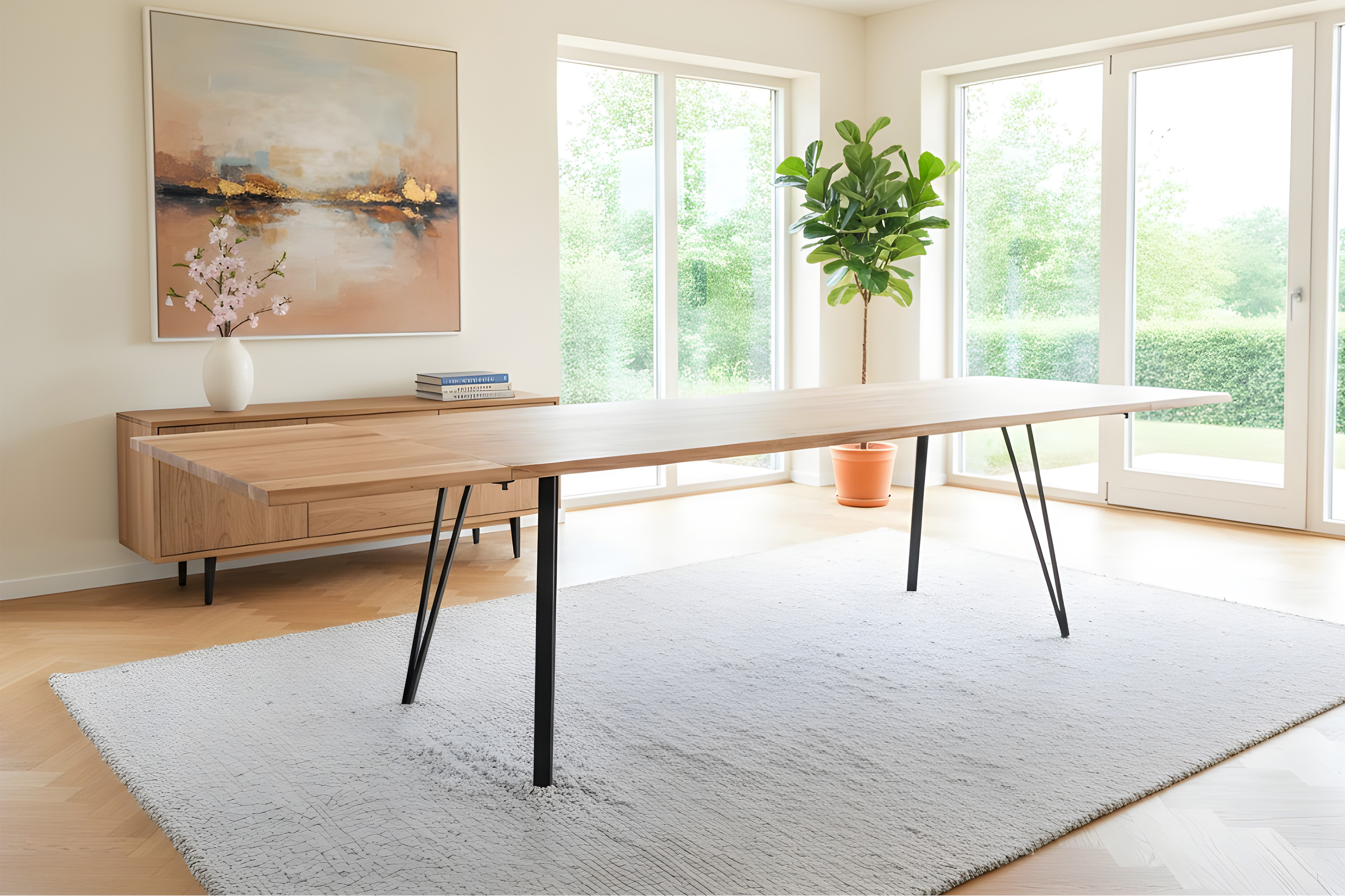 Esstisch Baumkante Akazie natur 220(320)x100 Ansteckplatten Vierfuß-Gestell schwarz AVINO