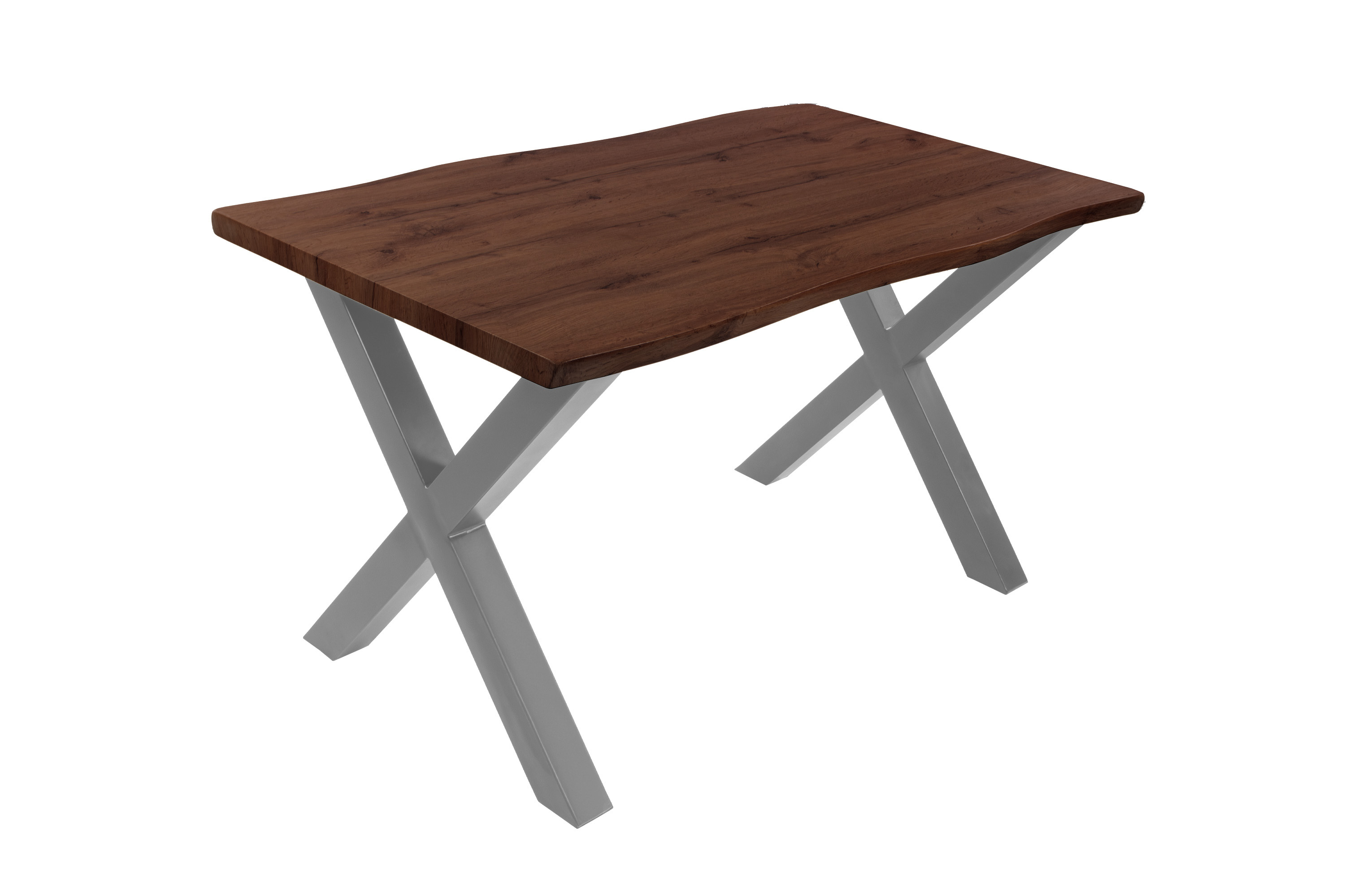 Esstisch Baumkante Holz-Optik Nussbaum 140 x 80 X-Gestell silber JOSY