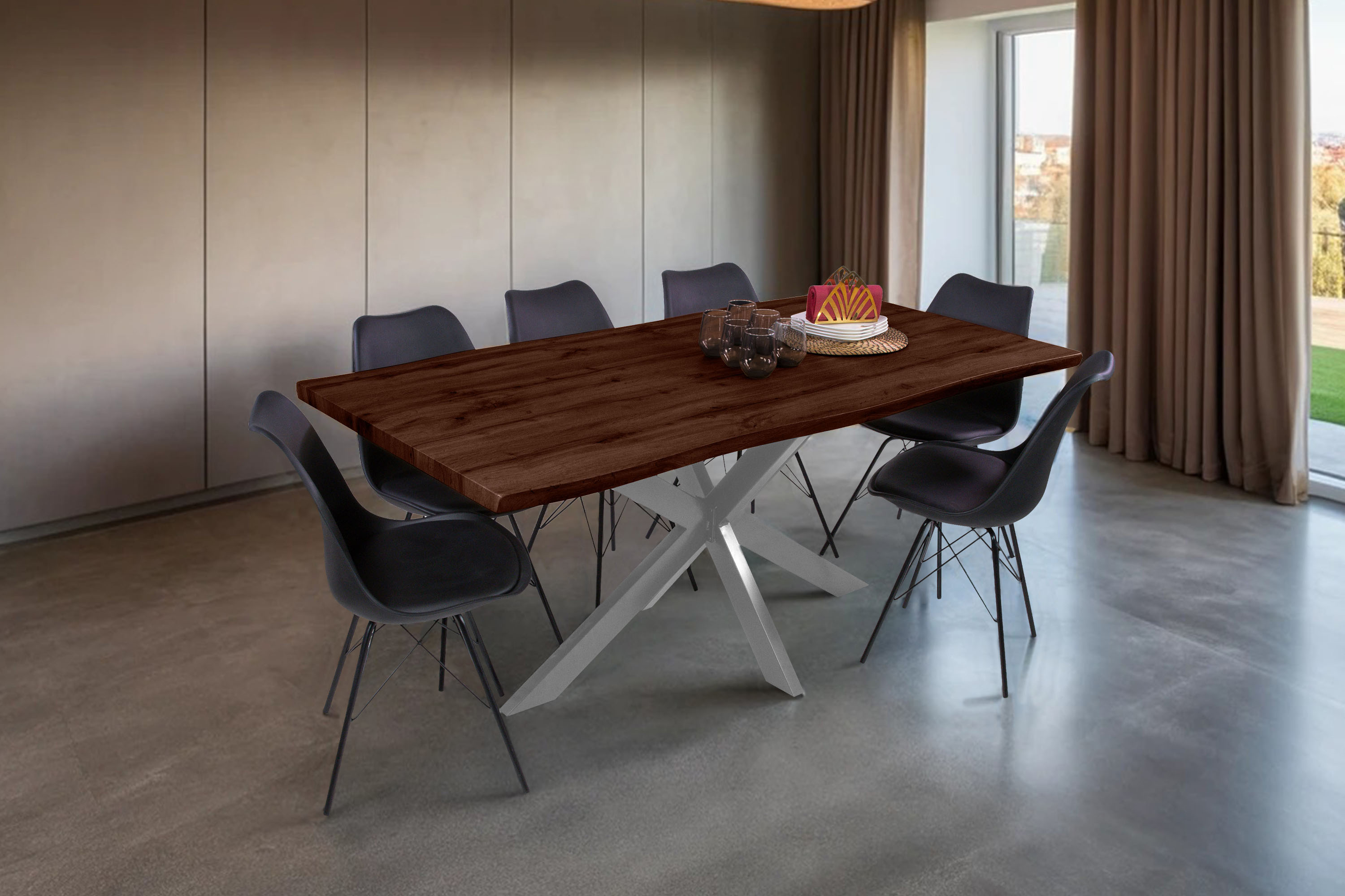 Esstisch Baumkante Holz-Optik Nussbaum 180 x 90 Spider-Gestell silber JOSY