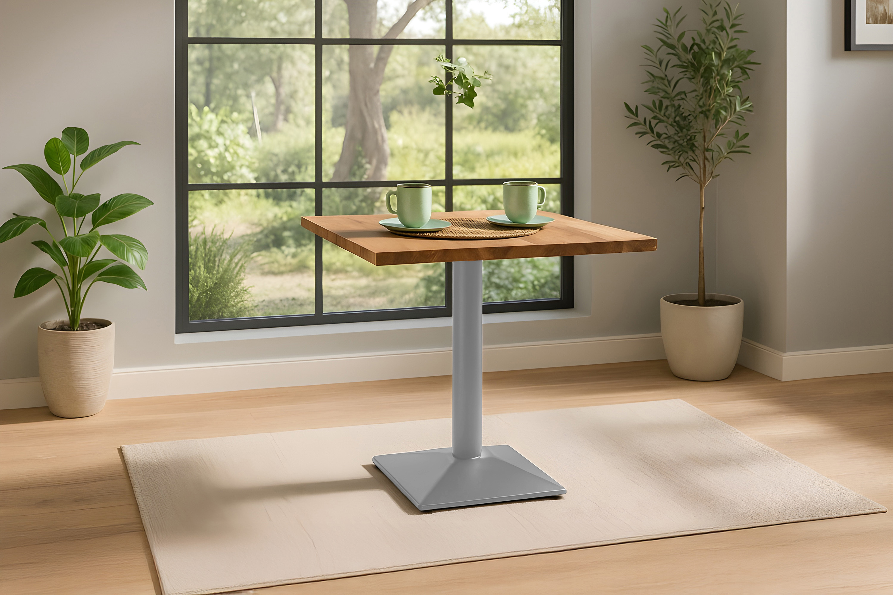 Bistrotisch Baumkante massiv 70 x 70 cm Akazie naturfarben Gerade Kante Säulengestell silber BRASILEIRO