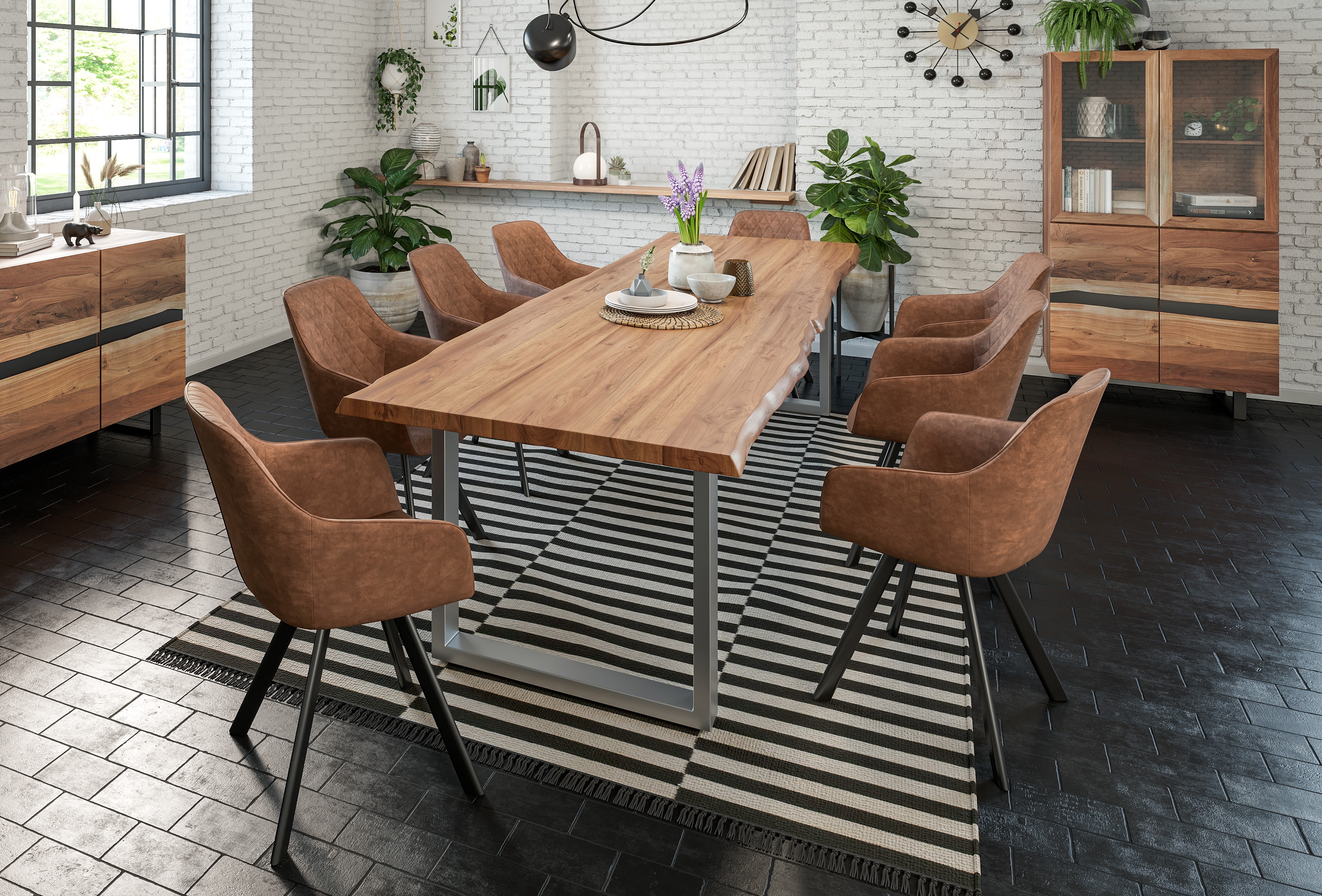  Esstisch Baumkante massiv Akazie natur 300 x 100 silber LIAM