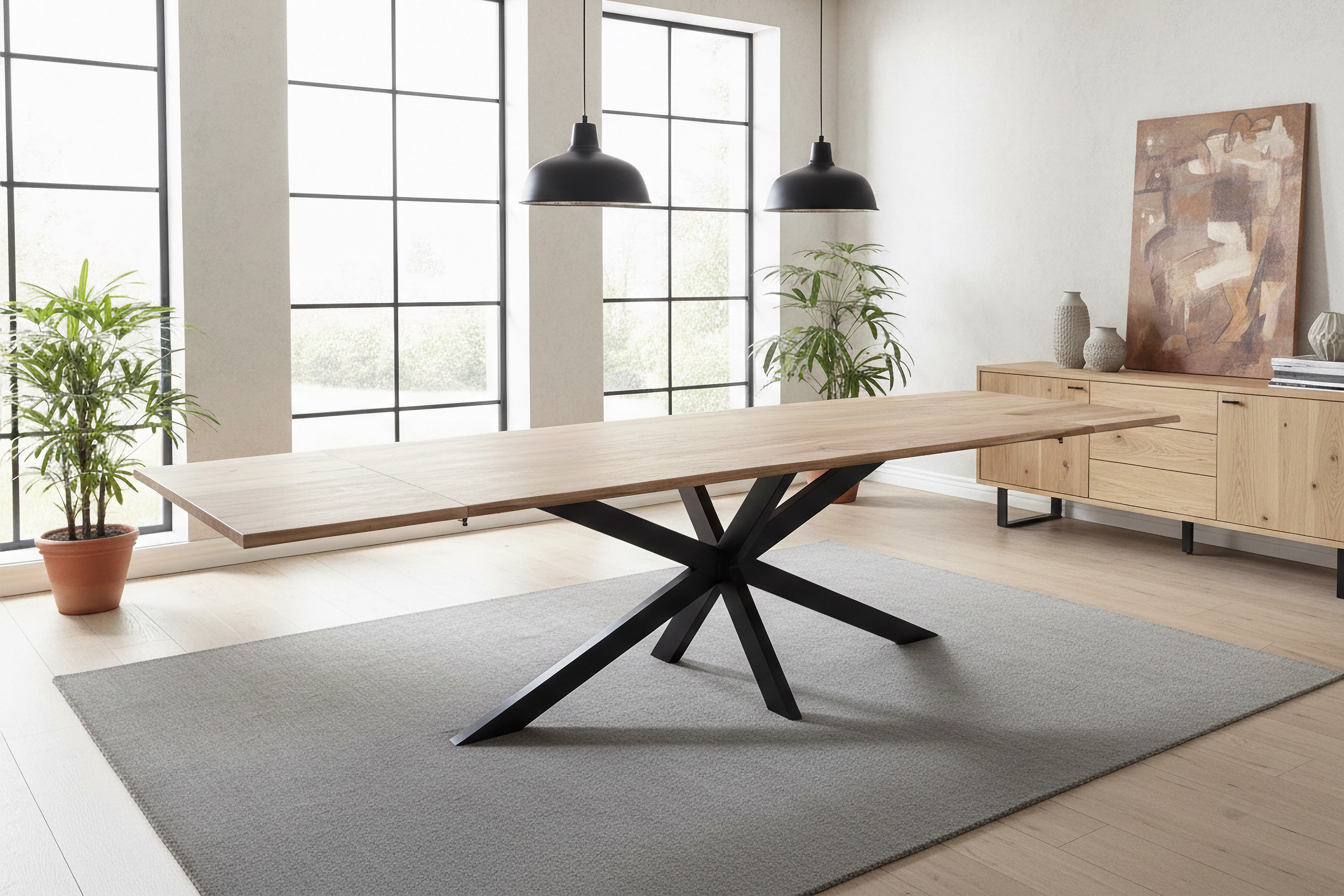 Esstisch Baumkante Akazie natur 200(300)x100 Ansteckplatten Spider-Gestell schwarz AVINO