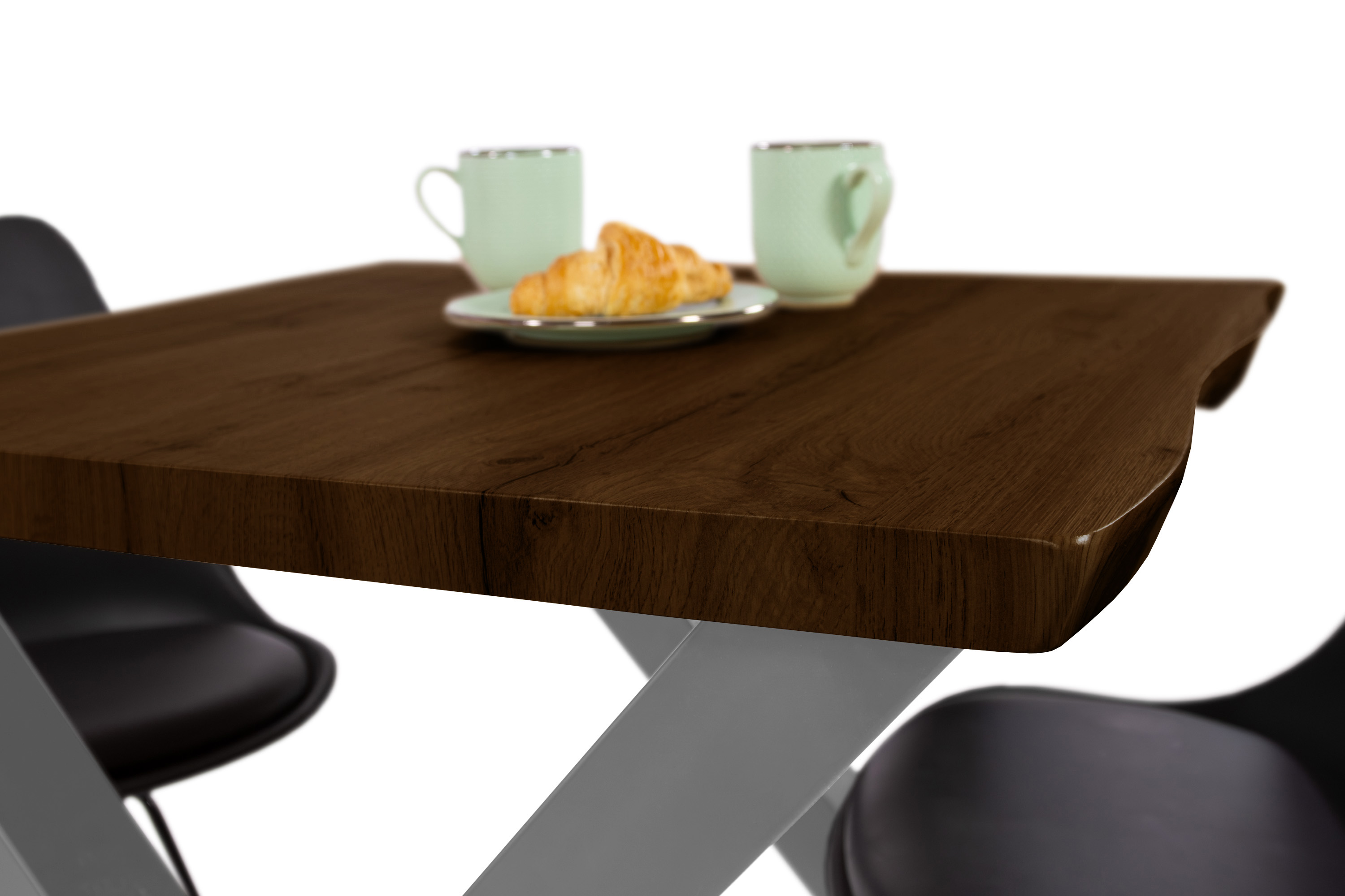 Esstisch Baumkante Holz-Optik Nussbaum 80 x 80 X-Gestell silber JOSY