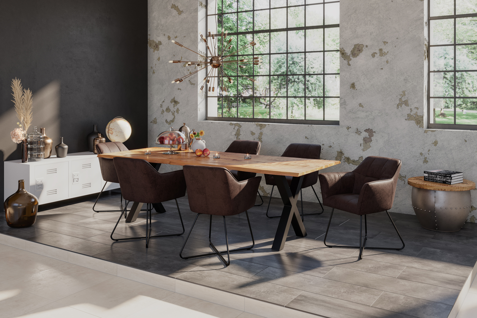 Esstisch Baumkante Massiv Mango naturfarben 280 x 100 schwarz Spider-Gestell DORA