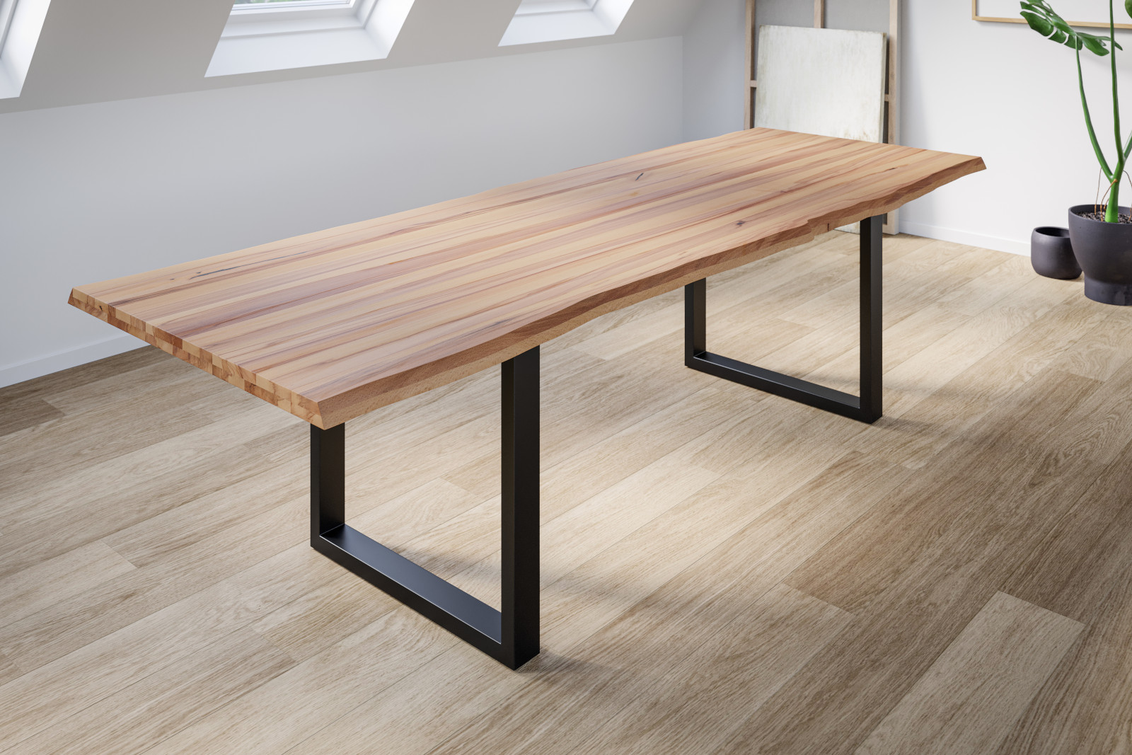  Esstisch Baumkante Massiv Wildbuche 240 x 100 mattschwarz U-Gestell ROMAN