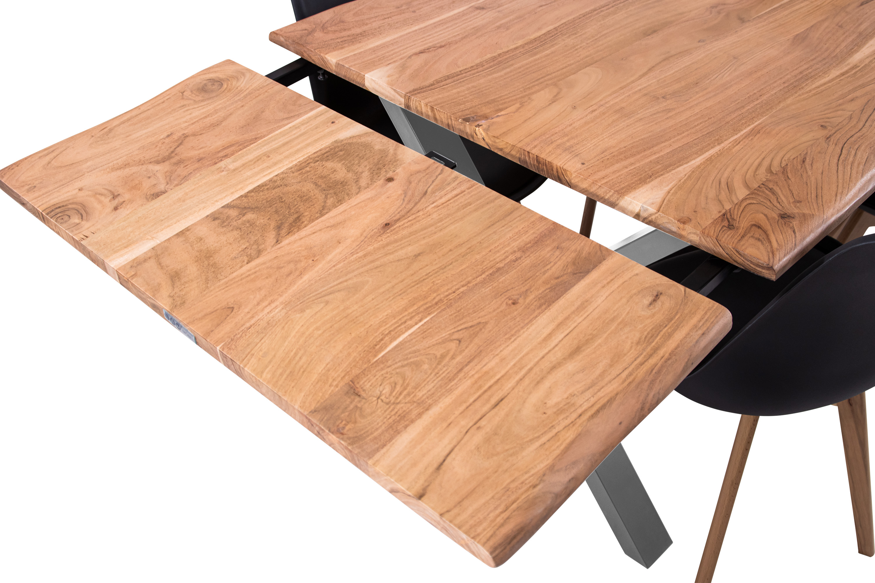 Esstisch Baumkante Akazie natur 140(220)x90 Ansteckplatten X-Gestell silber AVINO