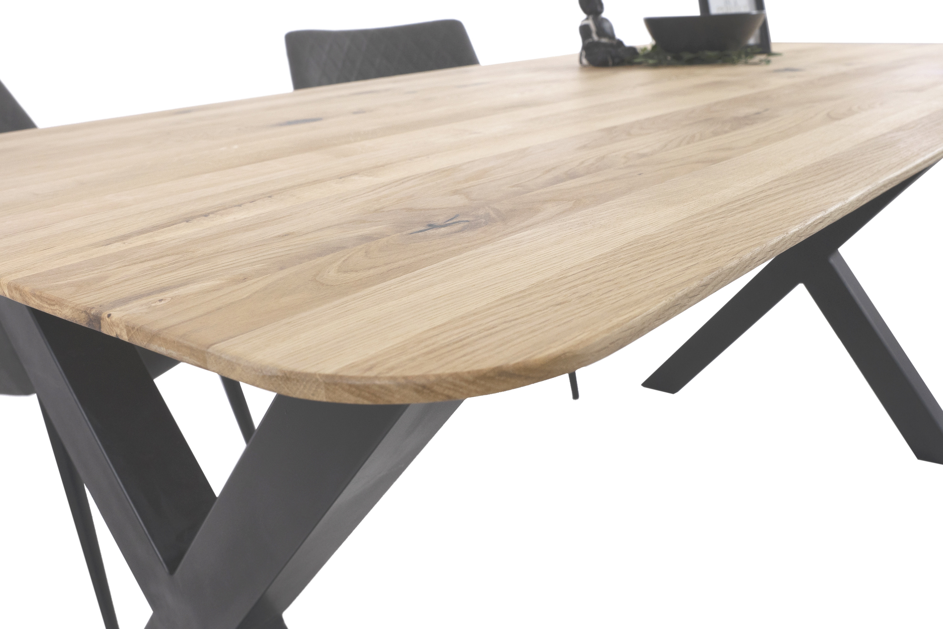 Esszimmertisch Schweizer Kante rund massiv & geölt Eiche 200x100 schwarz X-Gestell Lotte