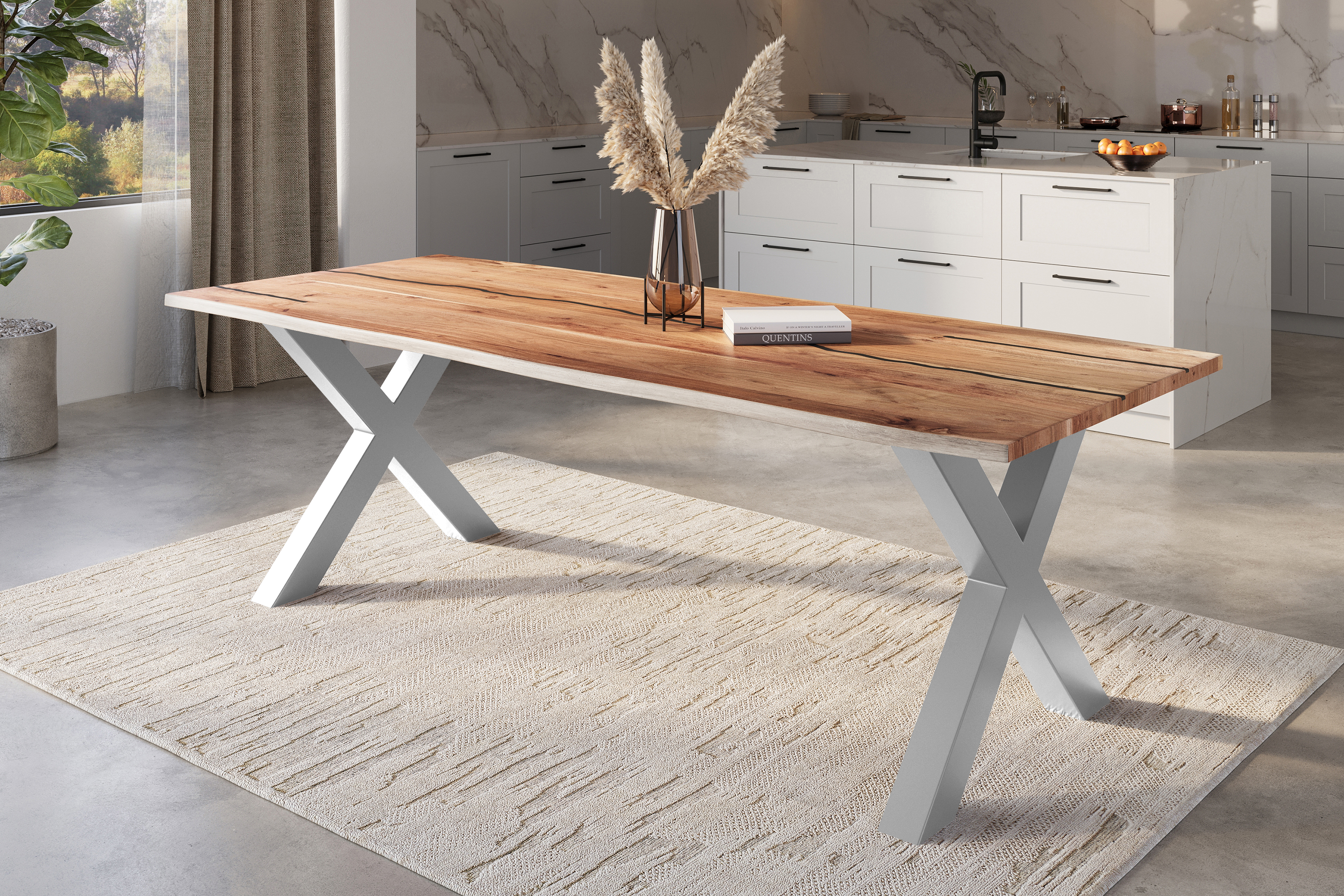 Baumkantentisch Akazie mit schwarzen Resin-Adern naturfarben 260 x 100 cm X-Gestell silber POLLY