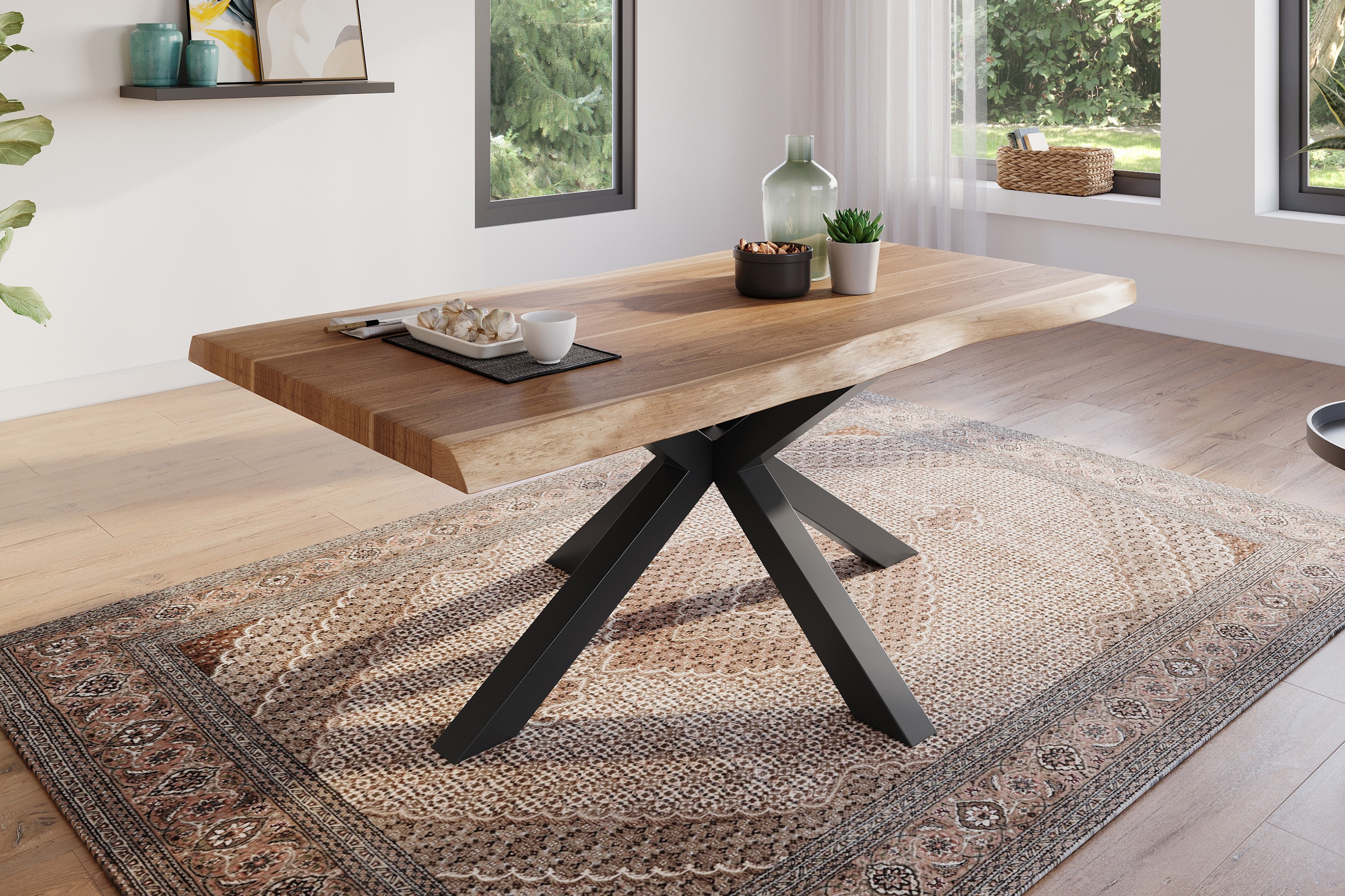 Esstisch Baumkante massiv Akazie natur 200 x 100 Spider-Gestell schwarz ATLAS