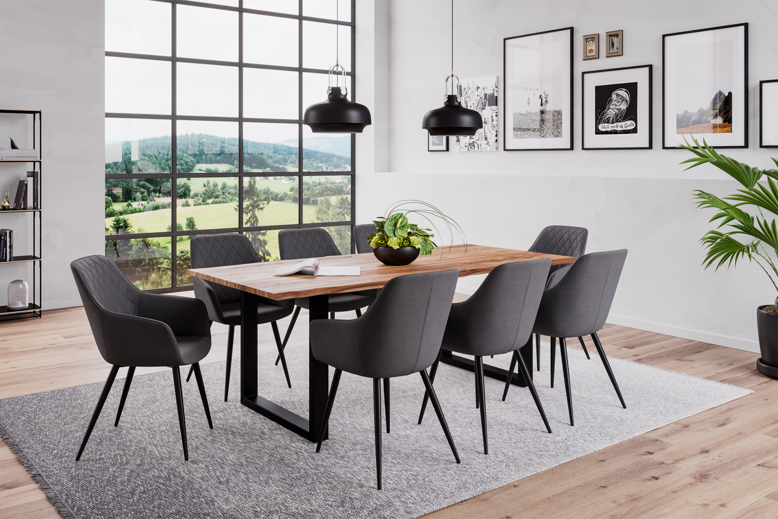 Baumkante Esstisch Sheesham naturbelassen 180 x 90 schwarz Mailand