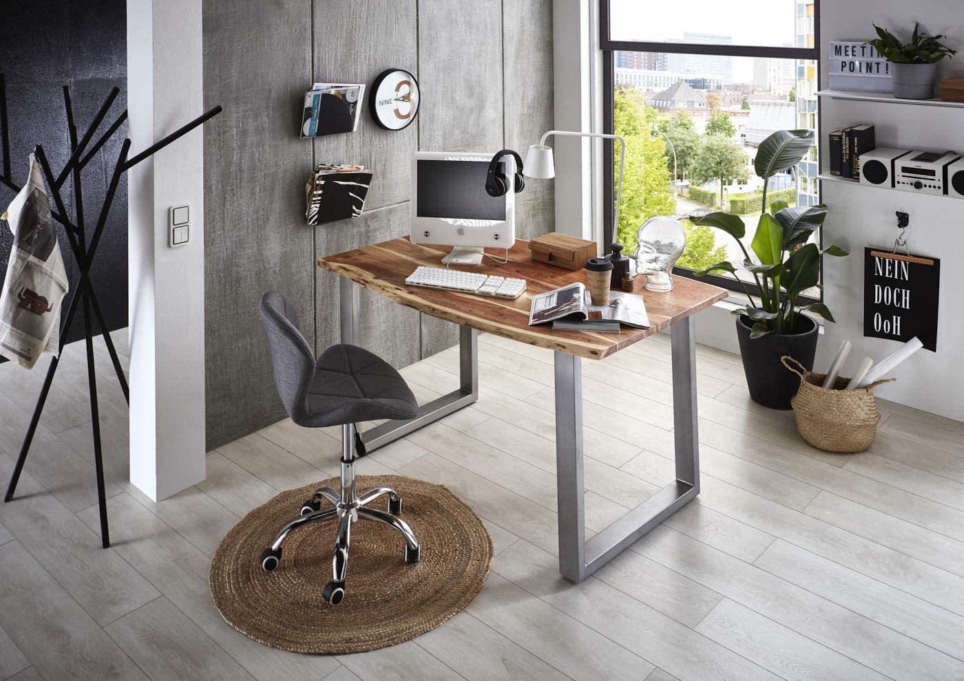  Baumkante Schreibtisch massiv Akazie natur 120x80 silber PALMA