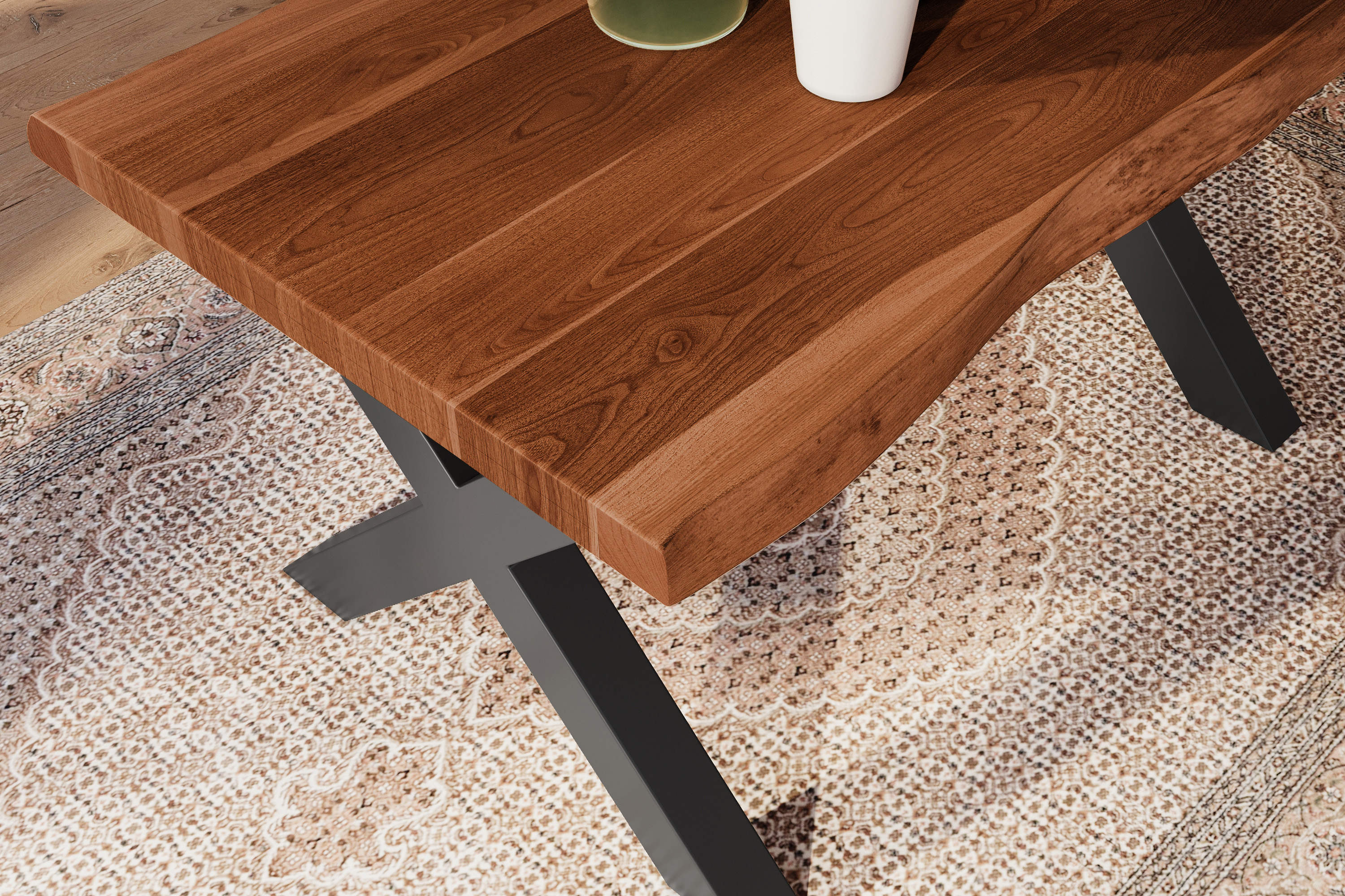 Esstisch Baumkante massiv Akazie Nuss 120 x 80 X-Gestell schwarz ATLAS