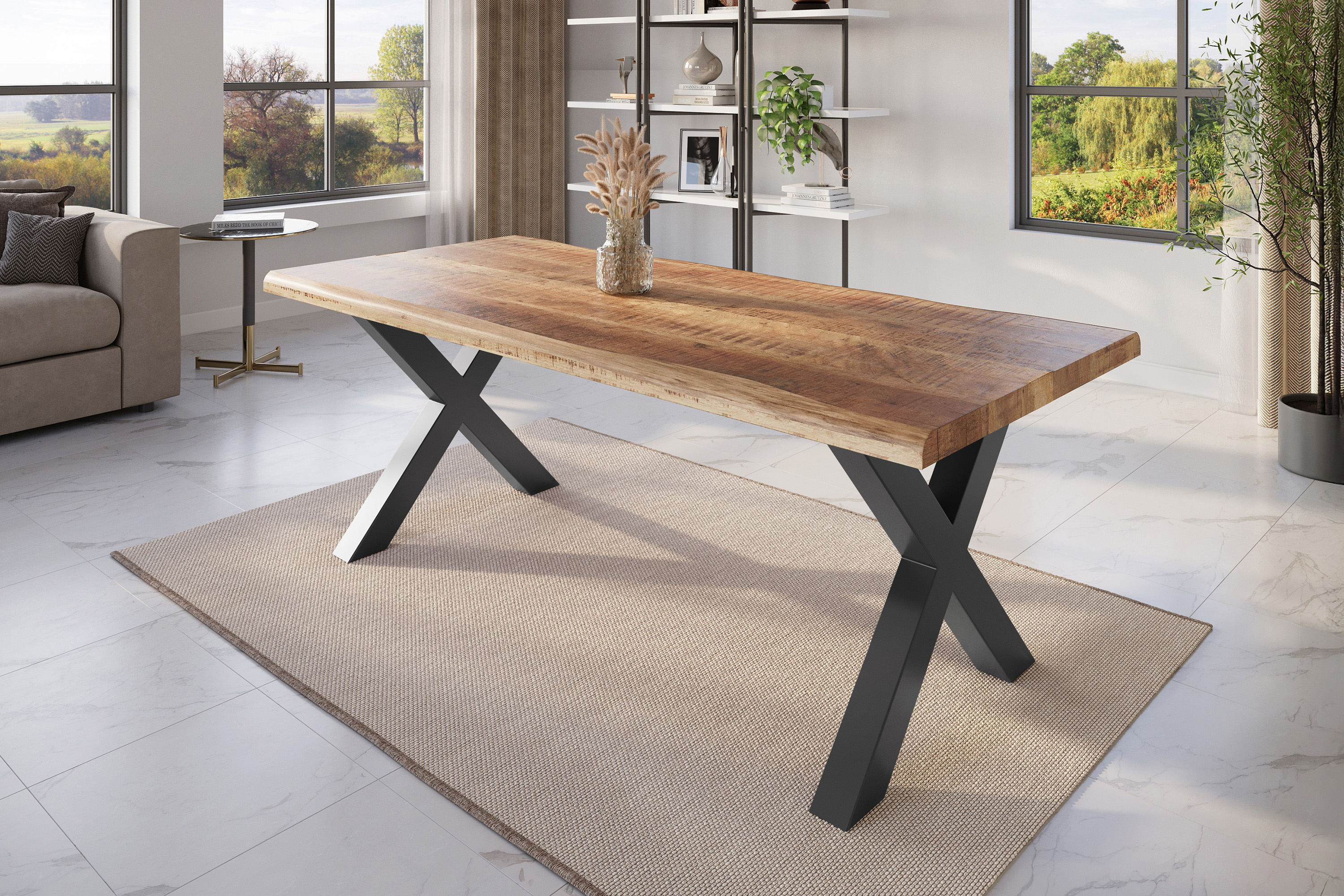 Esstisch Baumkante massiv Mango rough 220 x 100 X-Gestell schwarz ATLAS