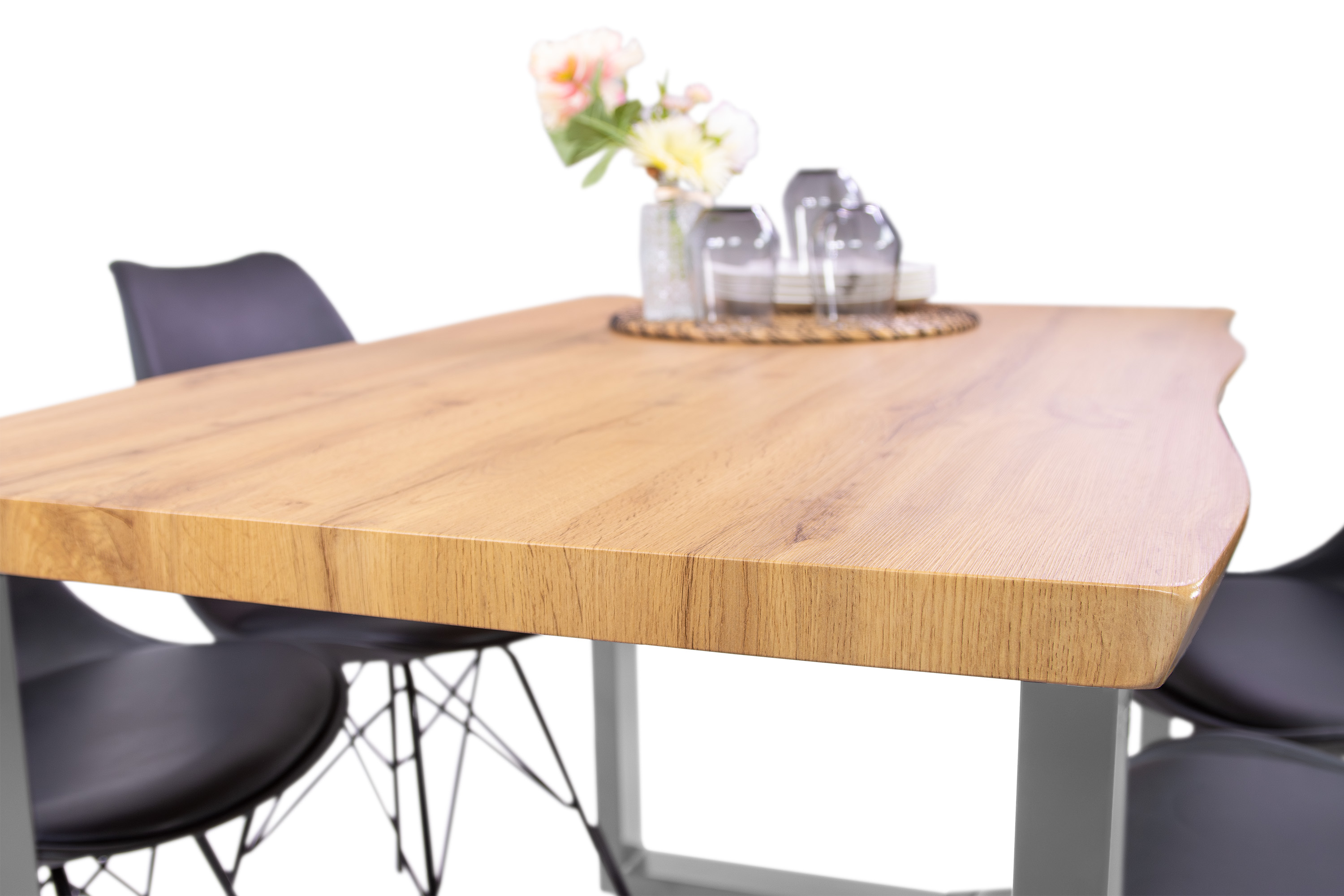 Esstisch Baumkante Holz-Optik Wildeiche 120 x 80 U-Gestell silber JOSY Esstisch Baumkante Holz-Optik Wildeiche 120 x 80 U-Gestell silber JOSY